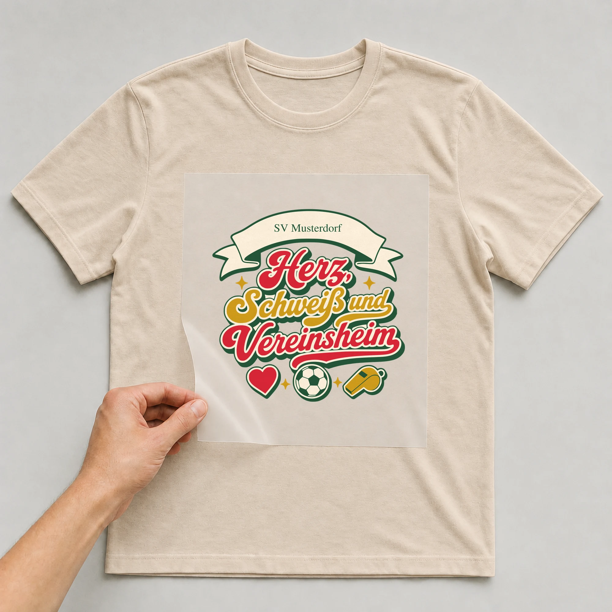 Bügelbild Herz, Schweiß und Vereinsheim mit Verein auf beigem T-Shirt, Folie wird aufgelegt