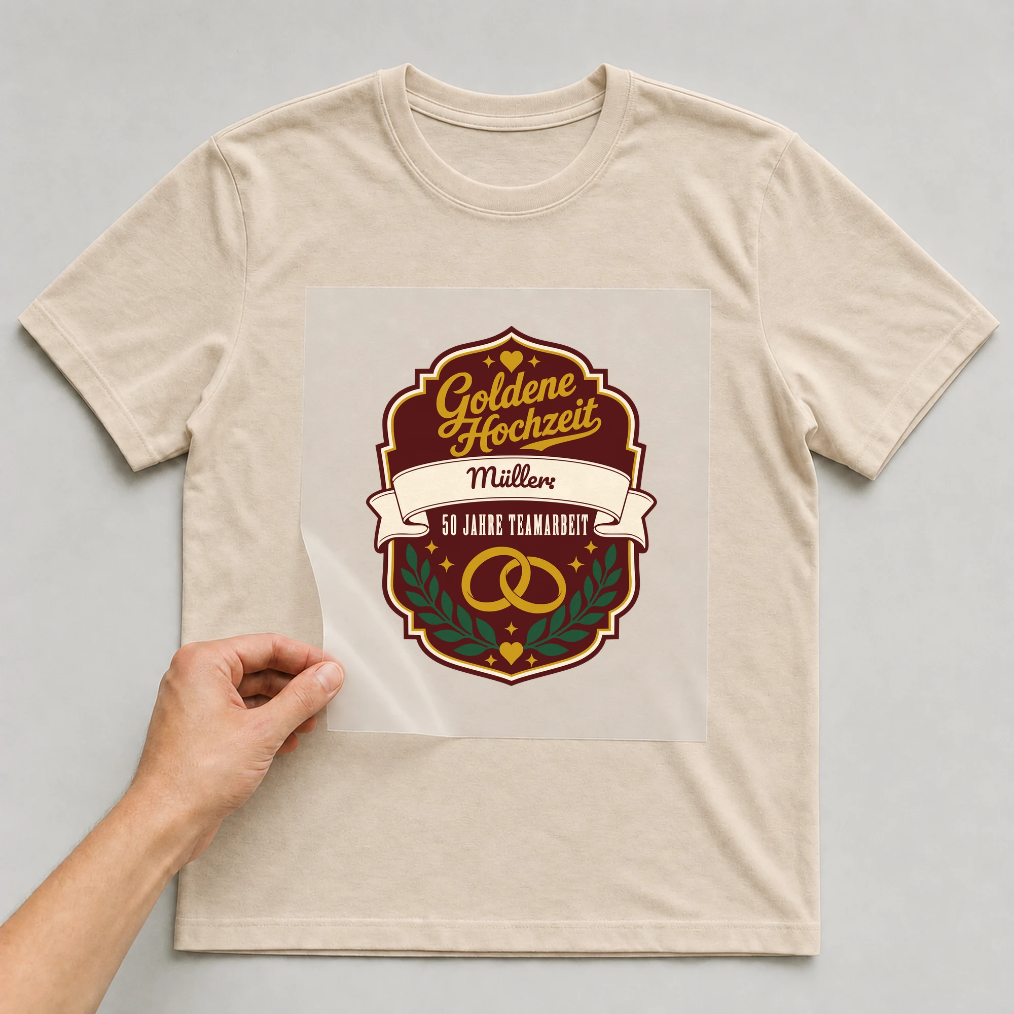 Bügelbild Goldene Hochzeit: 50 Jahre Teamarbeit mit Nachname auf beigem T-Shirt, Folie wird aufgelegt