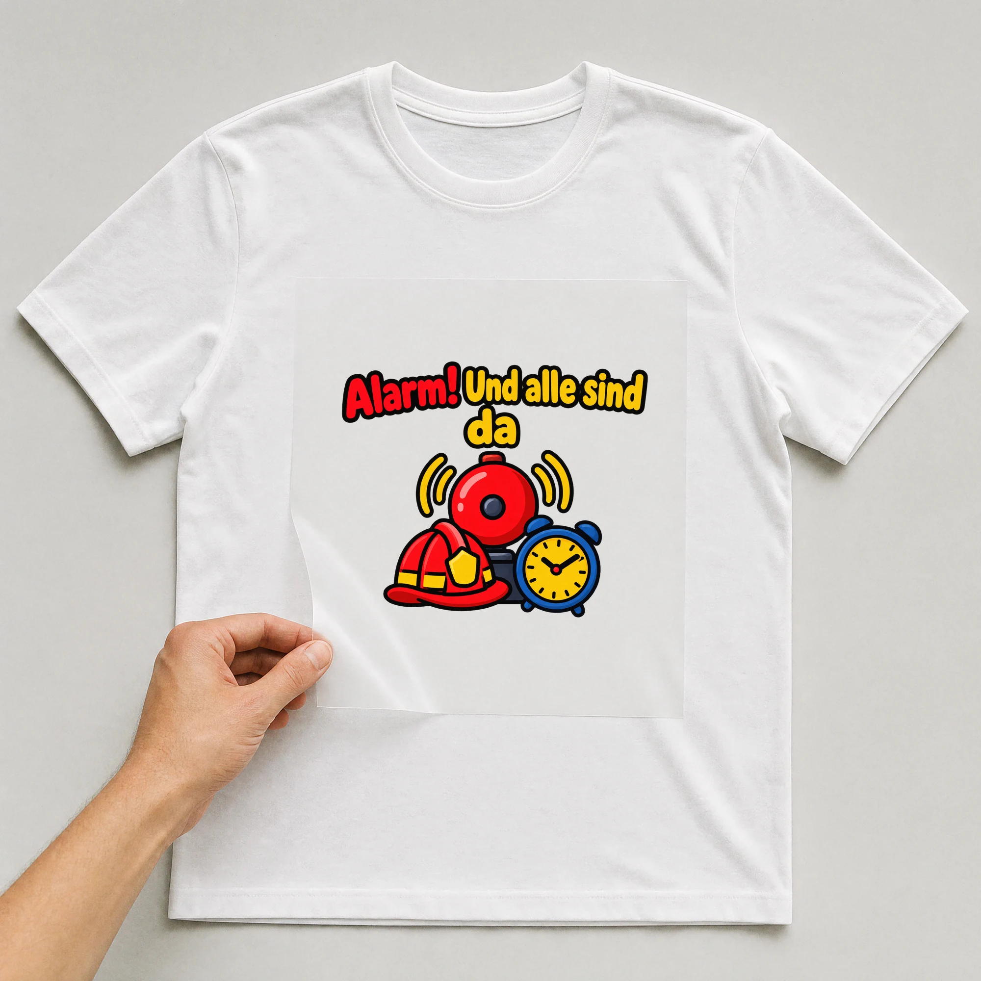 Bügelbild „Alarm! Und alle sind da“ auf weißem T-Shirt, Folie wird aufgelegt