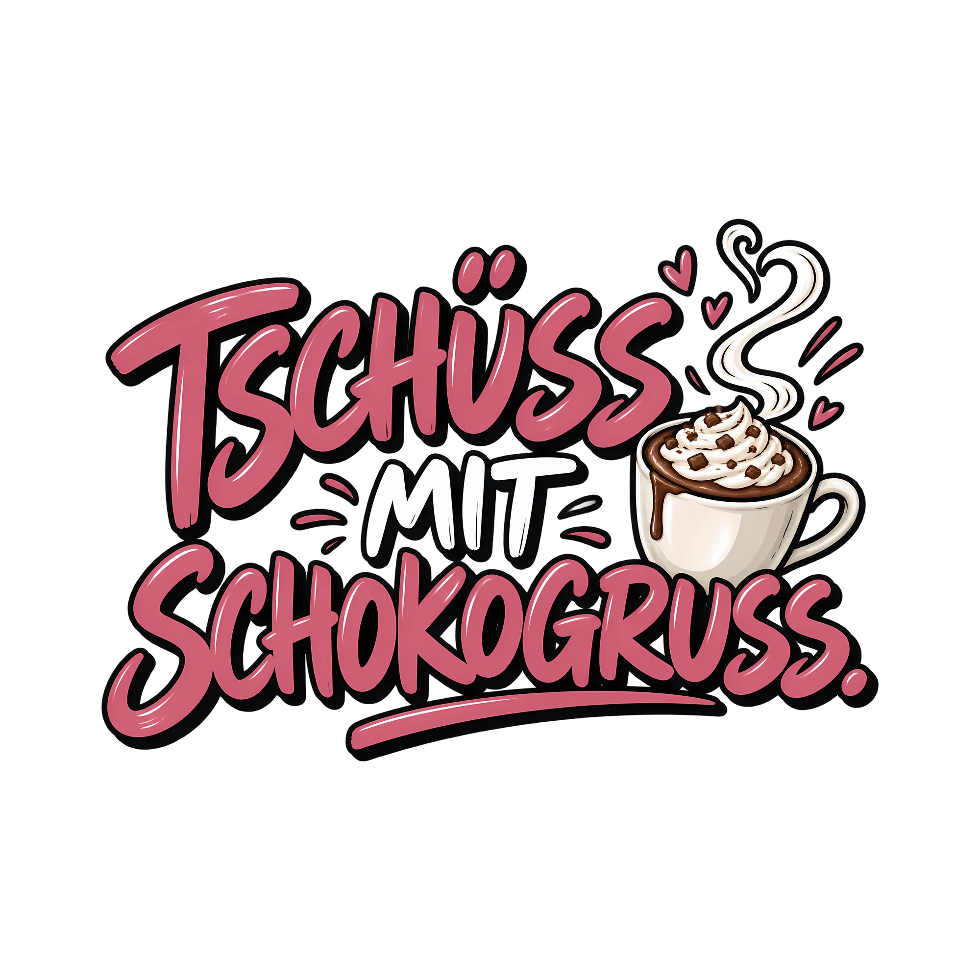 Bügelbild TSCHÜSS MIT SCHOKOGRUSS. als Grafik auf weißem Hintergrund (BB014008)