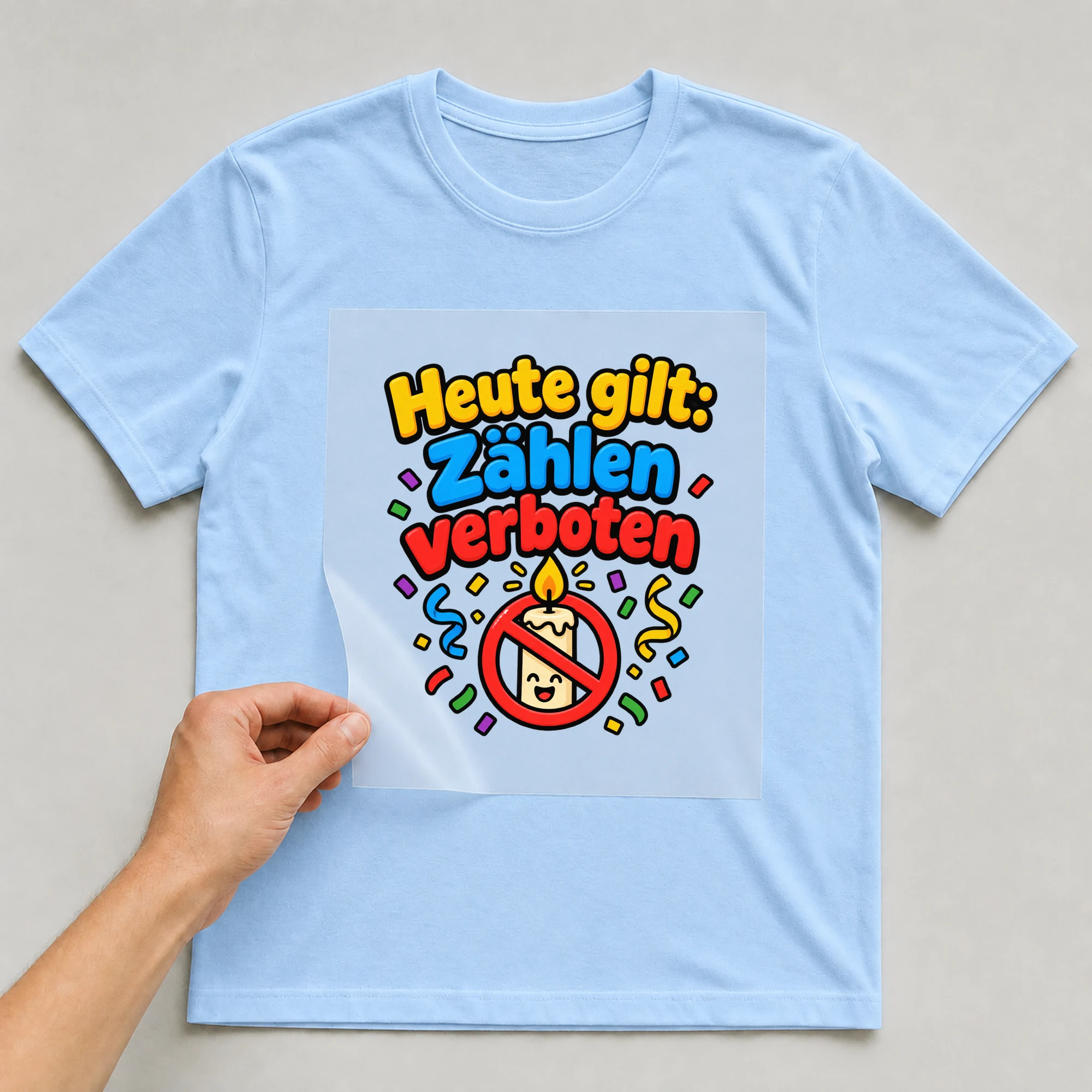 Bügelbild „Heute gilt zaehlen verboten“ auf babyblauem T-Shirt, Folie wird aufgelegt