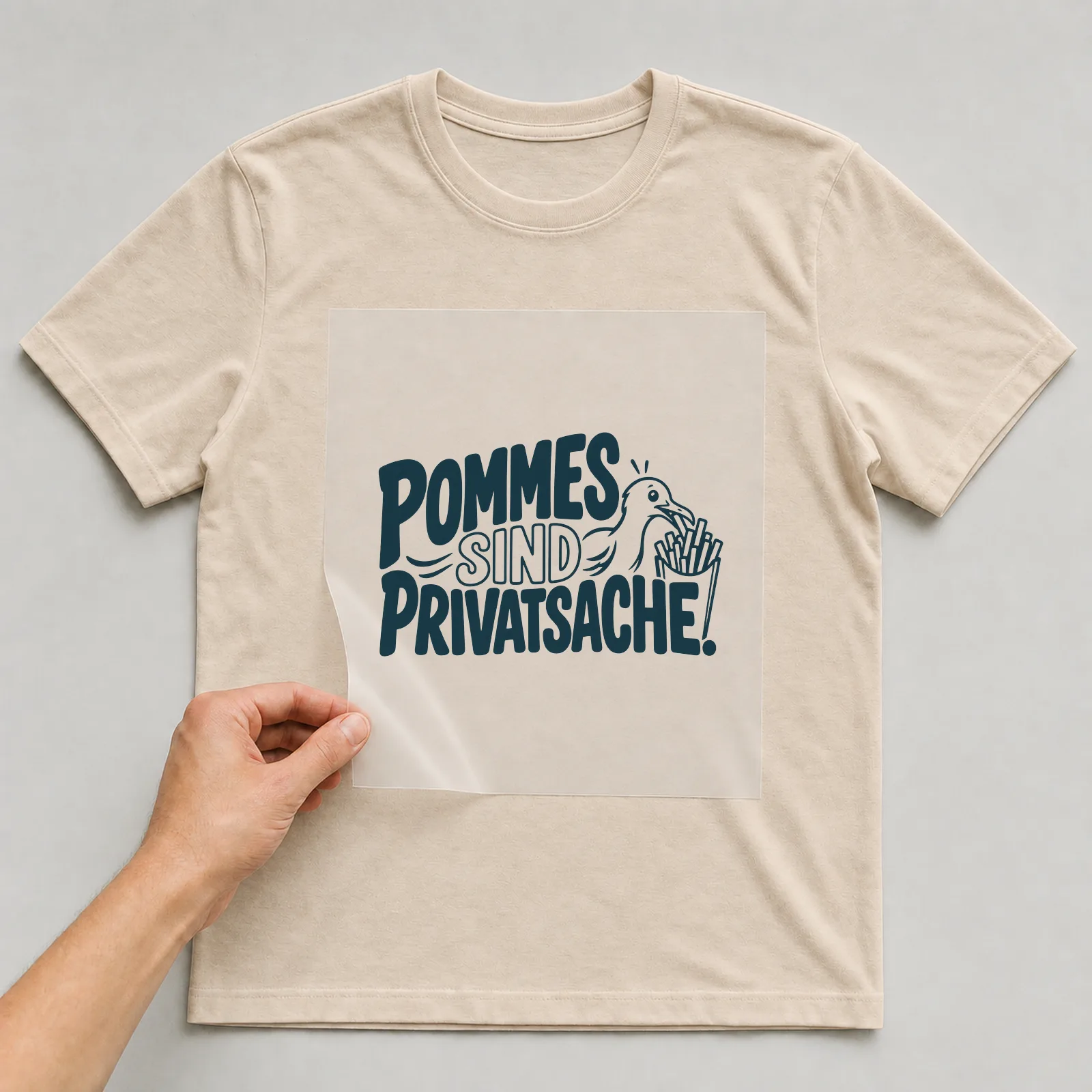 Bügelbild „Pommes sind Privatsache“ auf beigem T-Shirt, Folie wird aufgelegt