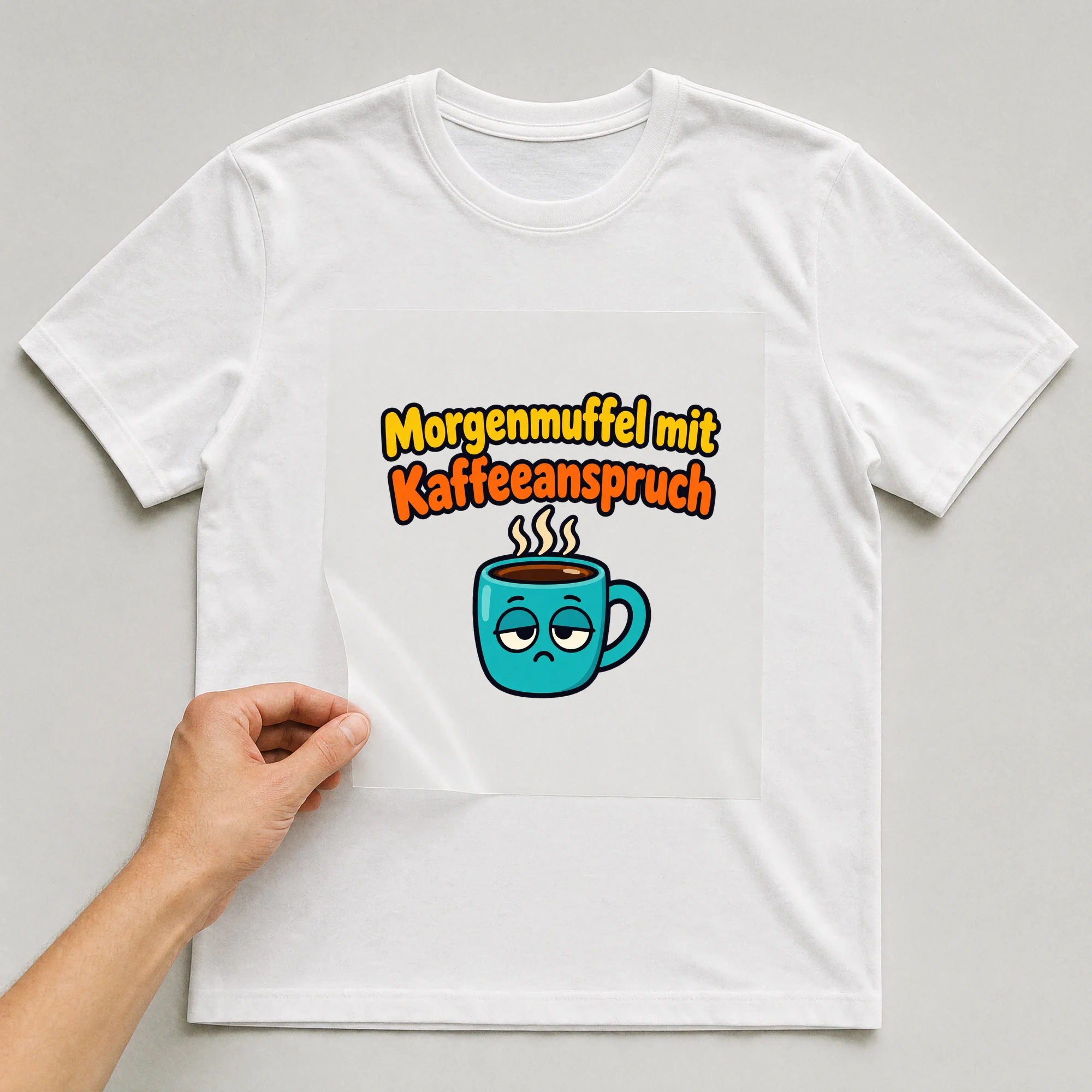 Bügelbild „Morgenmuffel mit Kaffeeanspruch“ auf weißem T-Shirt, Folie wird aufgelegt