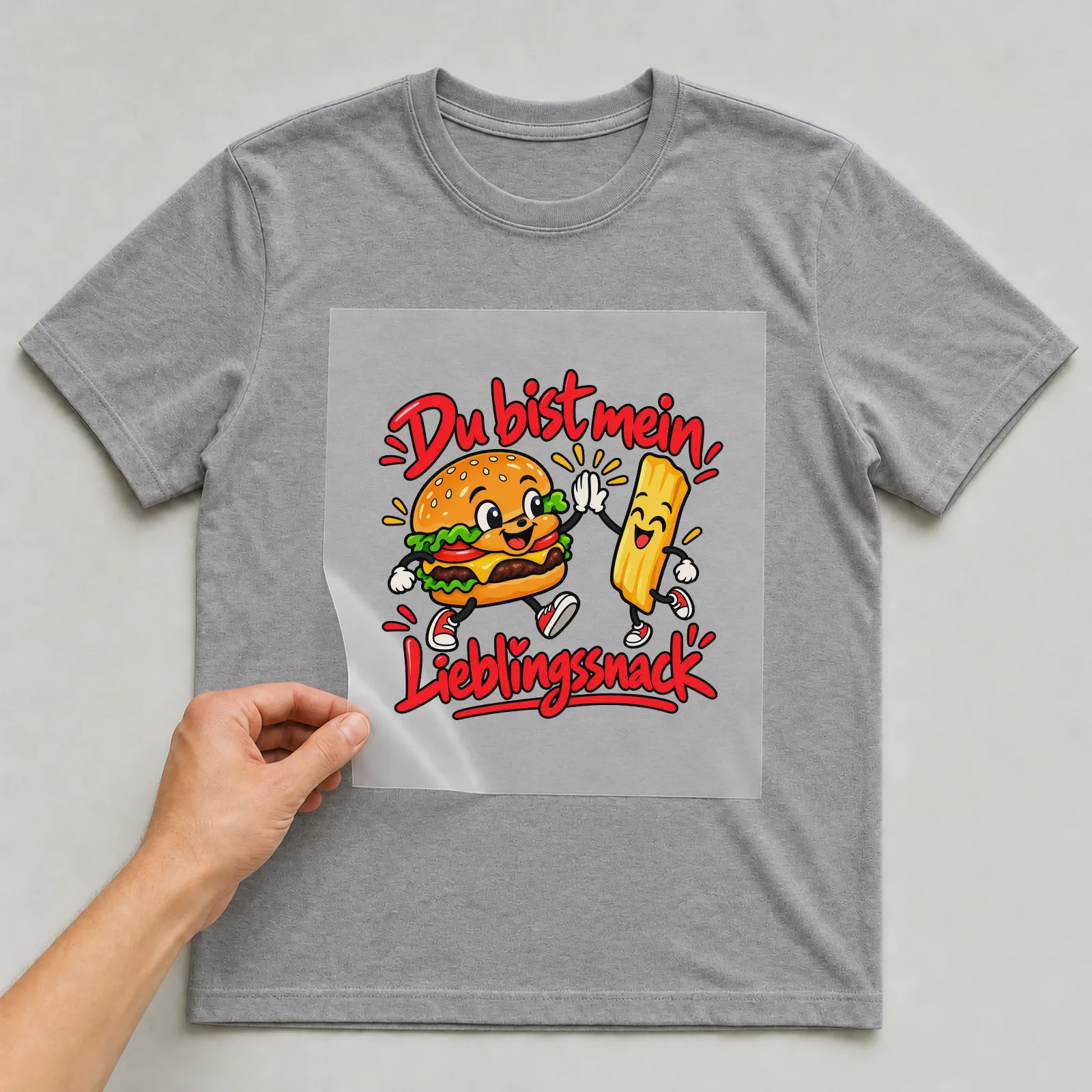 Bügelbild „Du bist mein Lieblingssnack“ auf grauem T-Shirt, Folie wird aufgelegt