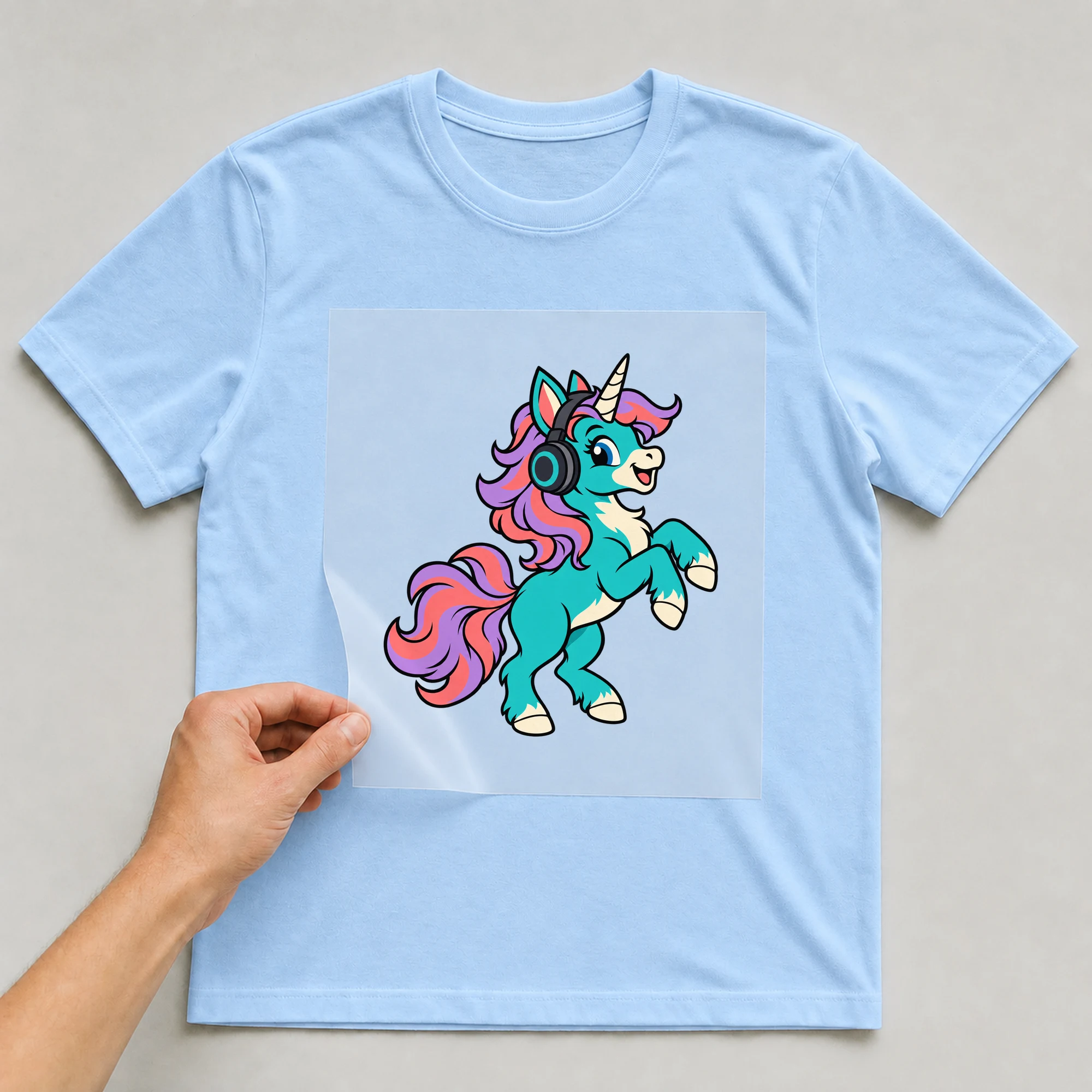Bügelbild „Technocorn“ auf babyblauem T-Shirt, Folie wird aufgelegt