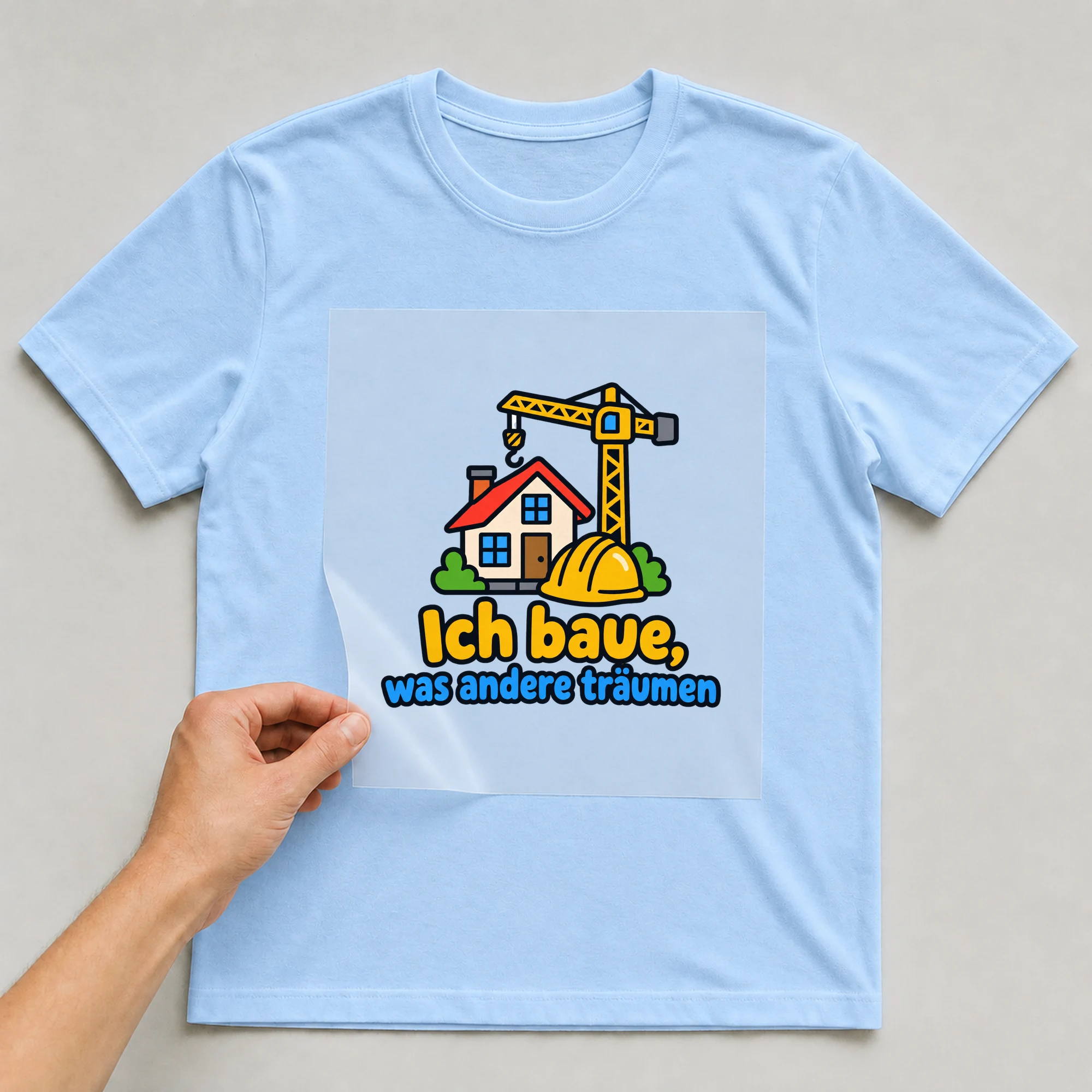 Bügelbild „Ich baue, was andere träumen“ auf babyblauem T-Shirt, Folie wird aufgelegt