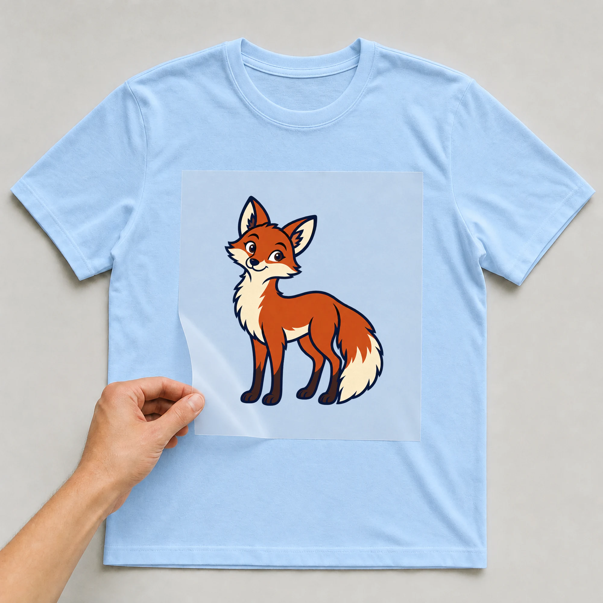 Bügelbild „BB021164-motiv-r03711“ auf babyblauem T-Shirt, Folie wird aufgelegt