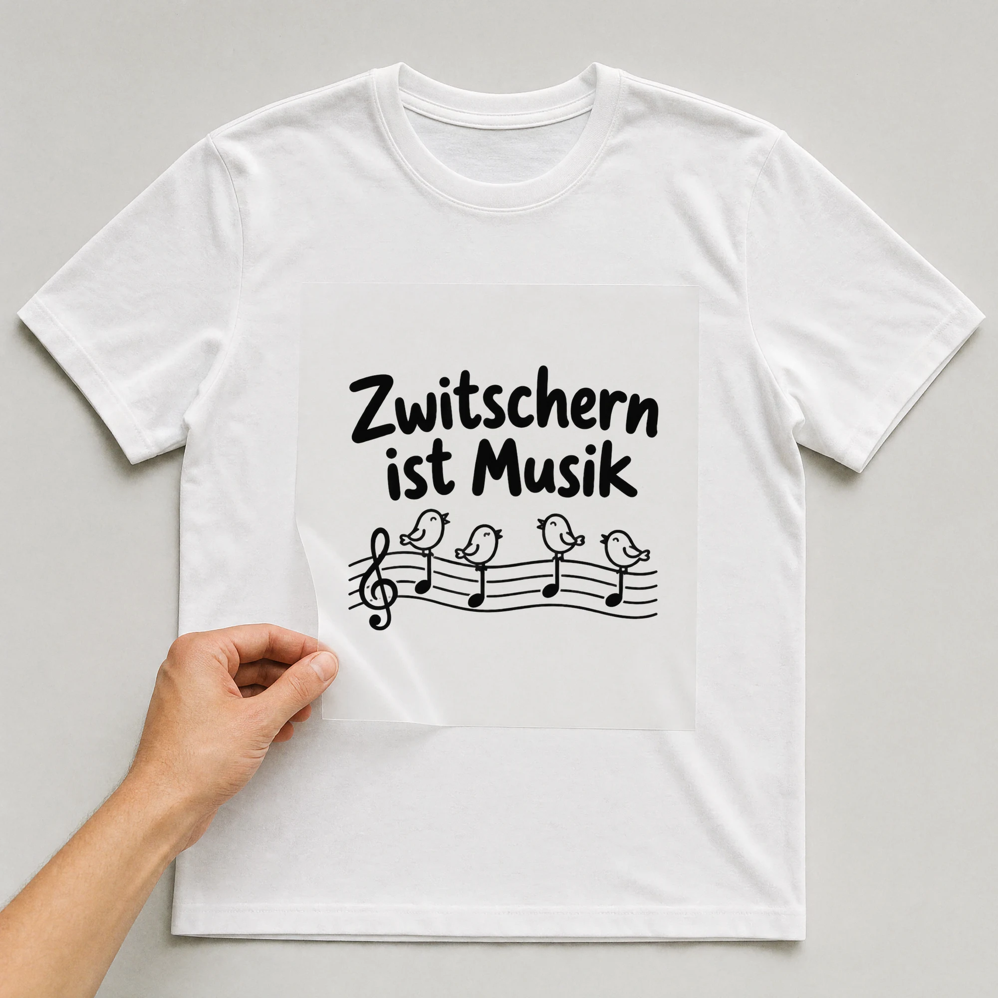 Bügelbild „Zwitschern ist Musik“ auf weißem T-Shirt, Folie wird aufgelegt