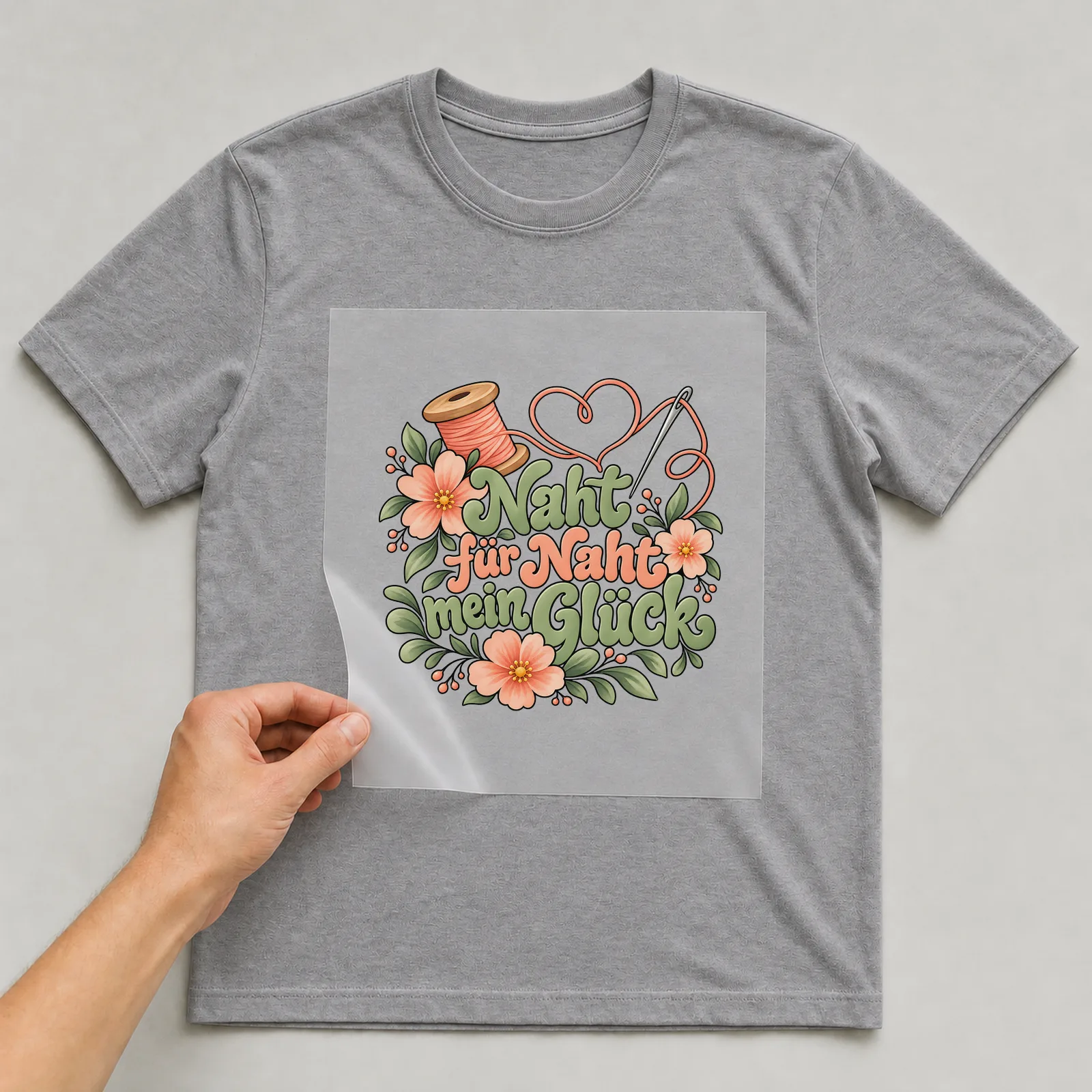 Bügelbild „Naht für Naht mein Glück“ auf grauem T-Shirt, Folie wird aufgelegt