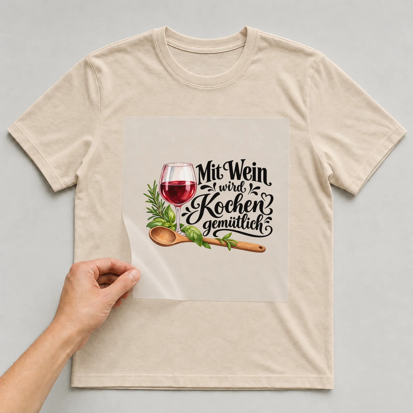Bügelbild „Mit Wein wird Kochen gemütlich“ auf beigem T-Shirt, Folie wird aufgelegt