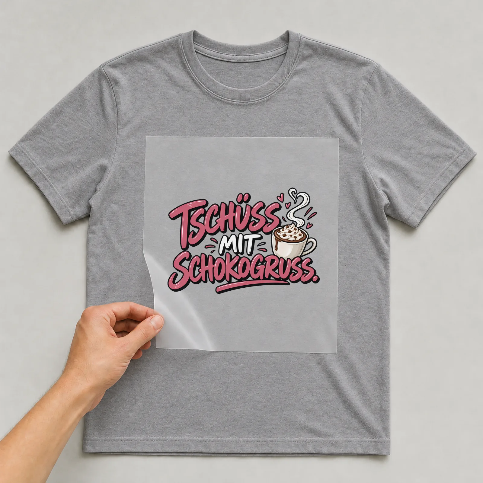 Bügelbild „Tschüss mit Schokogruss“ auf grauem T-Shirt, Folie wird aufgelegt