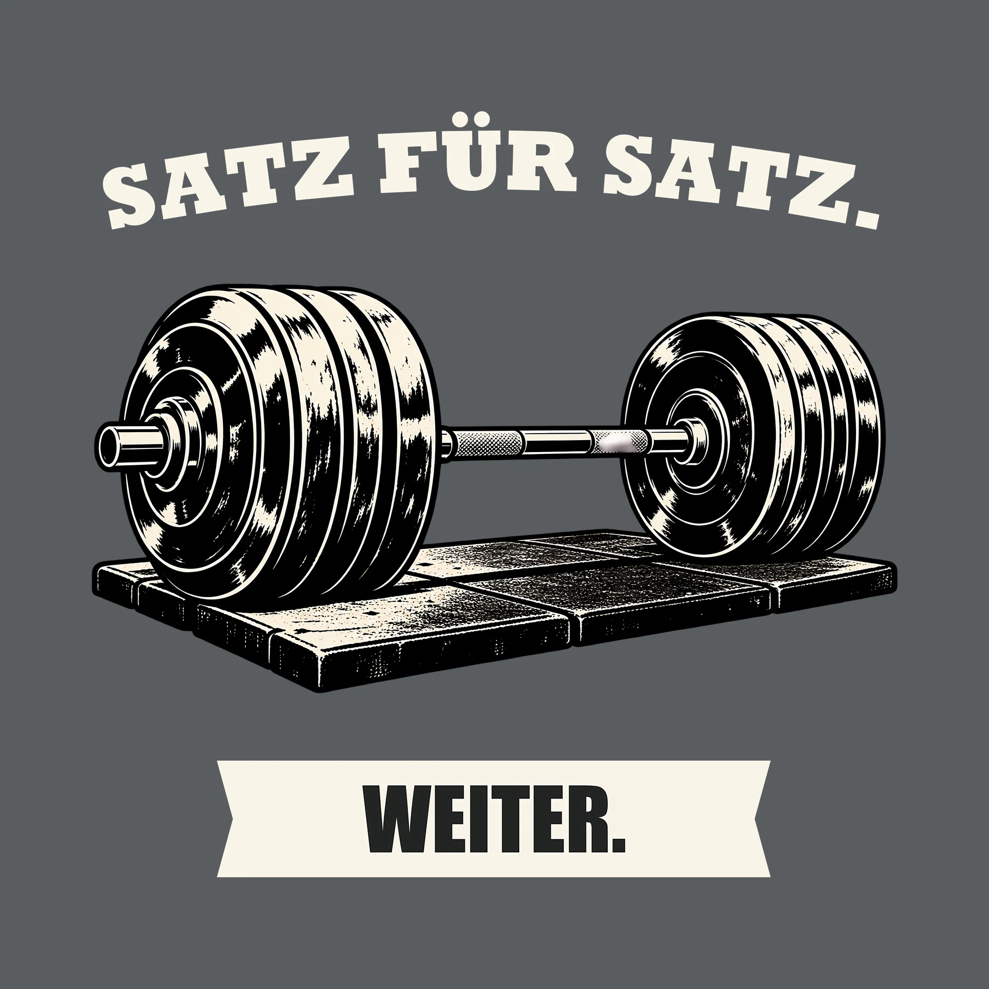 Bügelbild SATZ FÜR SATZ. WEITER. als Grafik auf dunklem Hintergrund (BB013721)