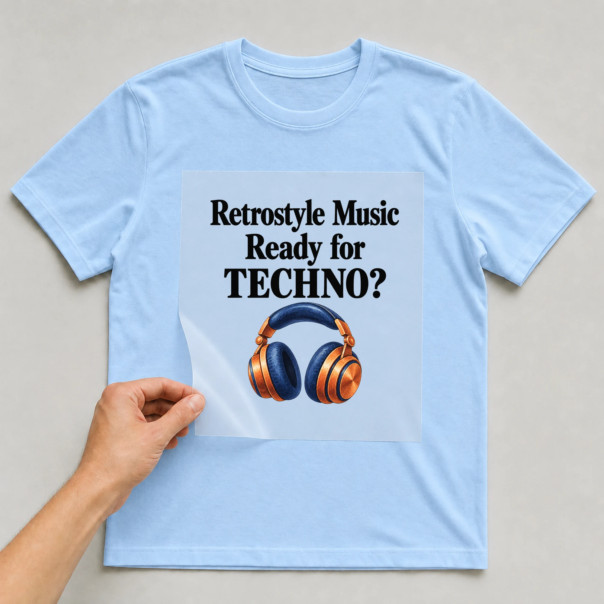 Bügelbild „Retrostyle Music Ready for TECHNO?“ auf babyblauem T-Shirt, Folie wird aufgelegt