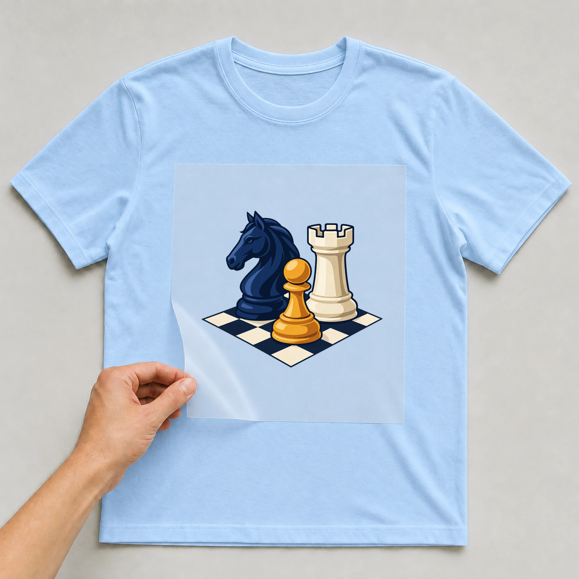 Bügelbild „Retro Chess“ auf babyblauem T-Shirt, Folie wird aufgelegt