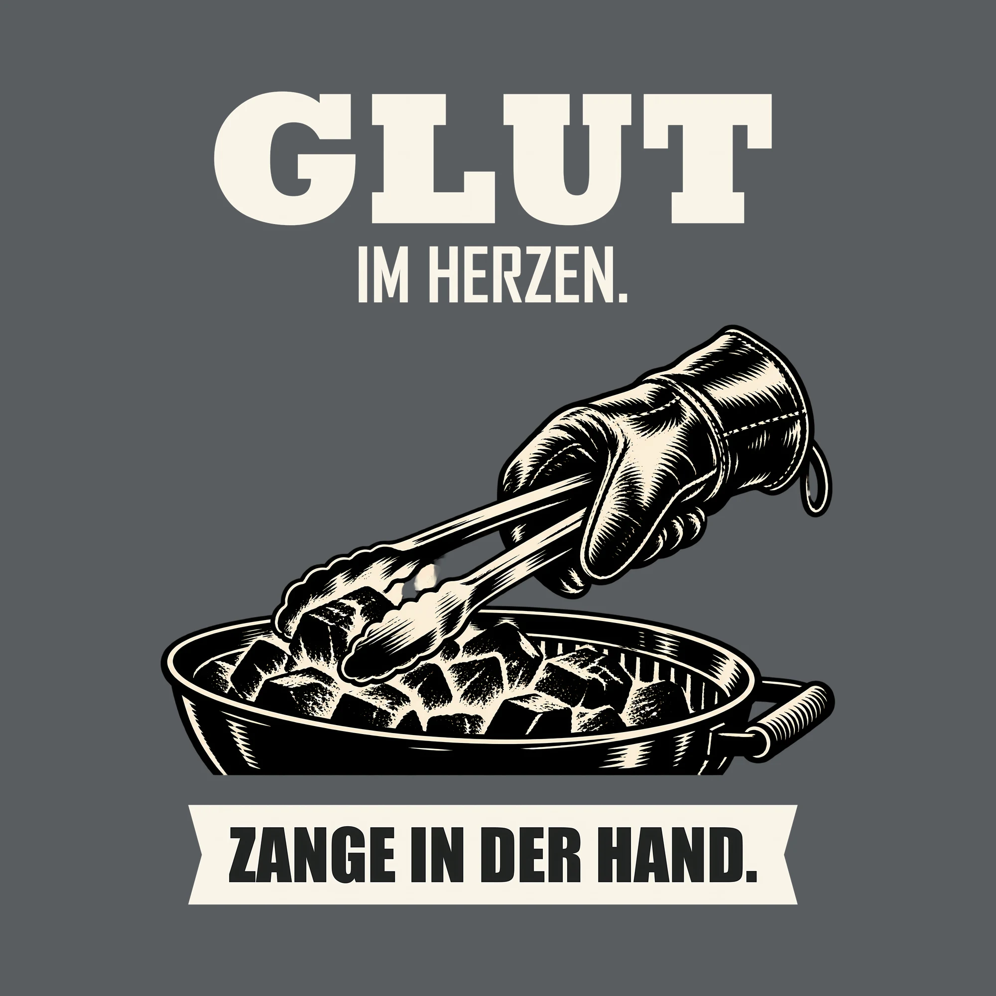 Bügelbild GLUT IM HERZEN. ZANGE IN DER HAND. als Grafik auf dunklem Hintergrund (BB012052)
