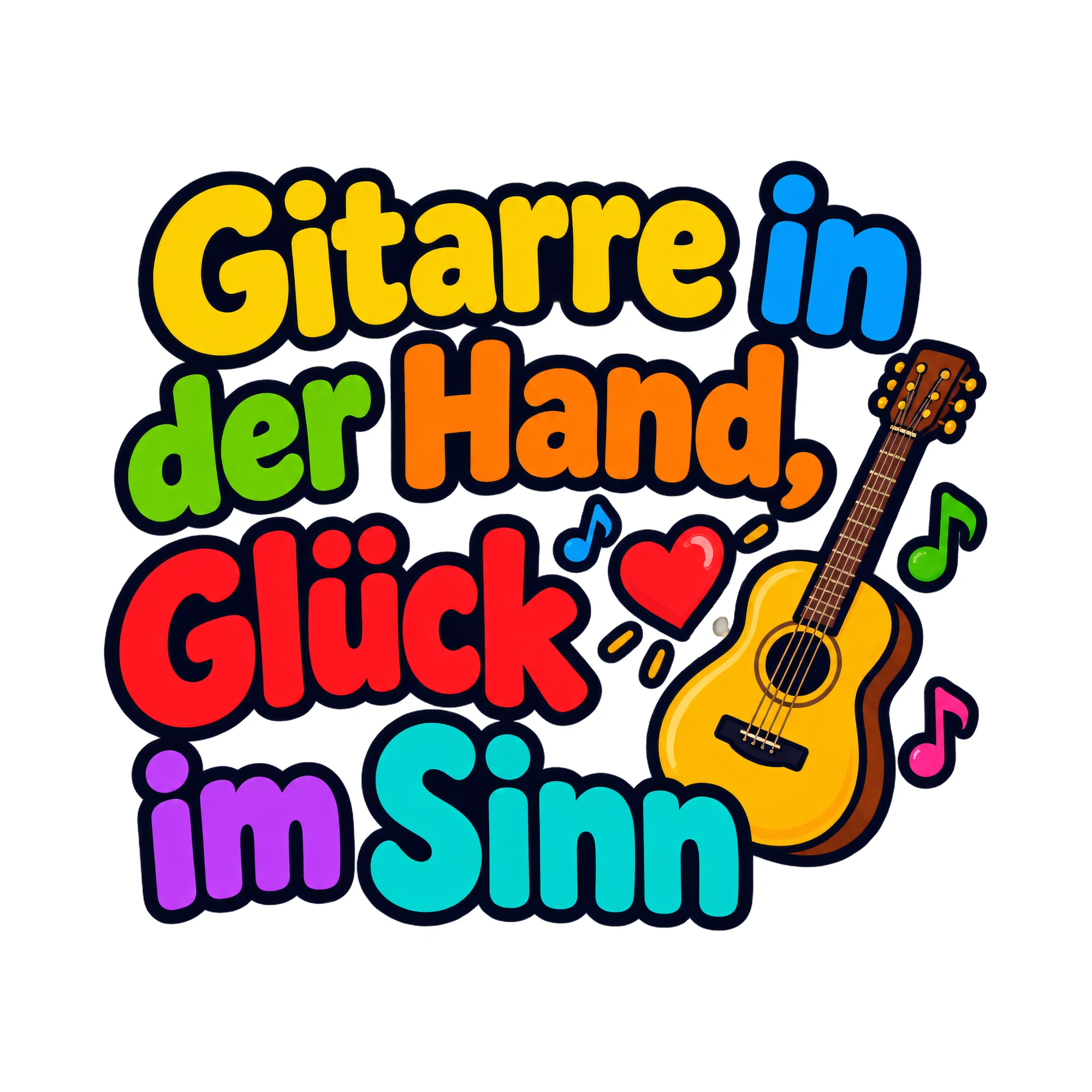 Bügelbild Gitarre in der Hand, Glück im Sinn, Hobby Shirt Spruch als Grafik auf weißem Hintergrund (BB016532)