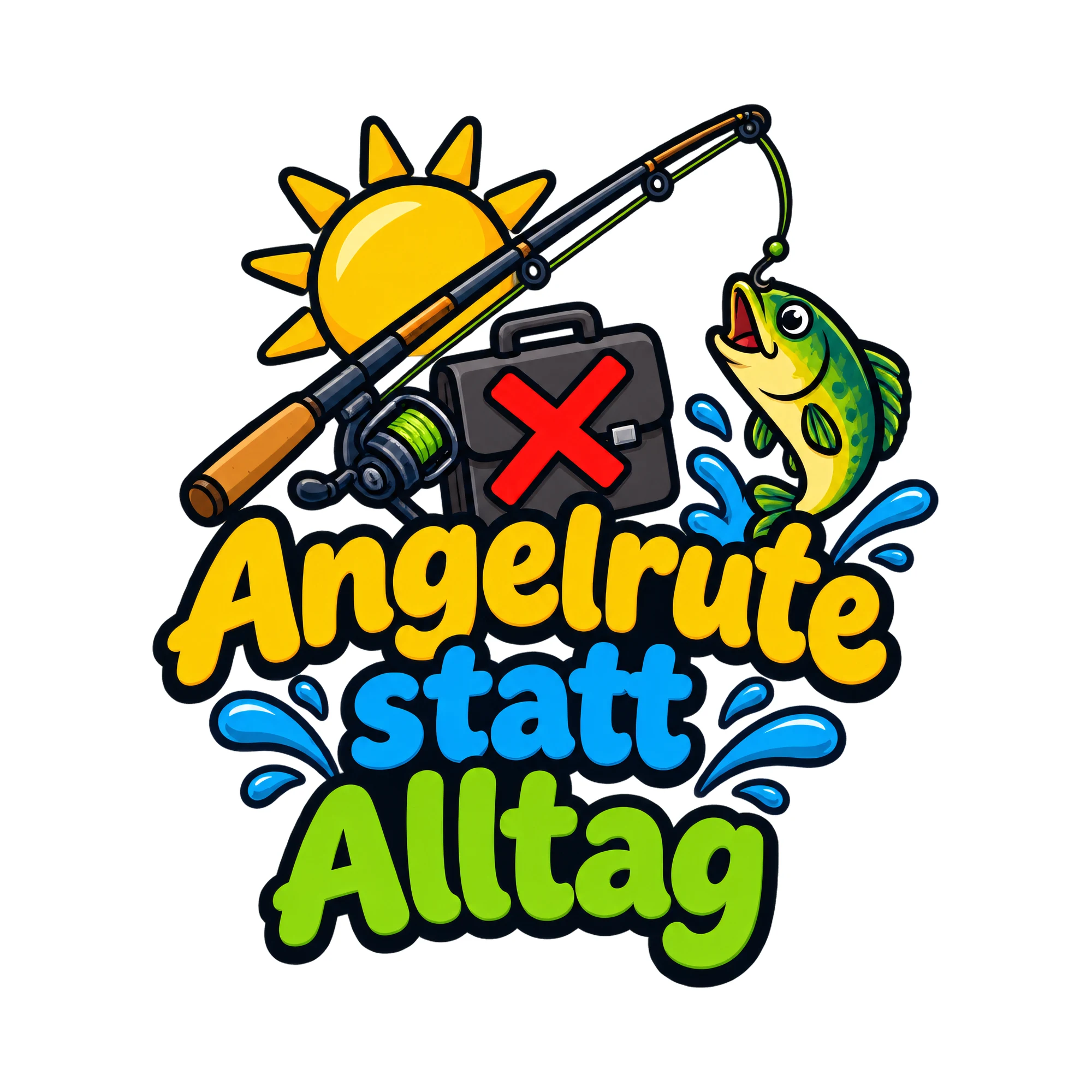 Bügelbild Angelrute statt Alltag als Grafik auf weißem Hintergrund (BB019327)
