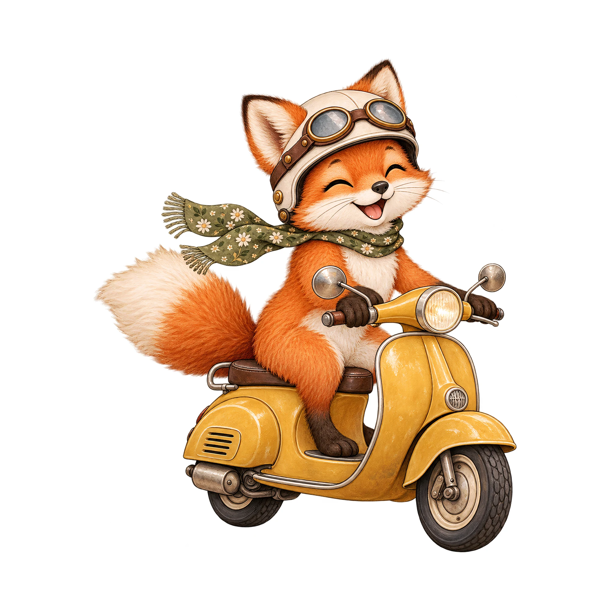 Bügelbild „Motorrad mit Fuchs“, Tiere Shirt Motiv als Grafik auf weißem Hintergrund (BB019063)