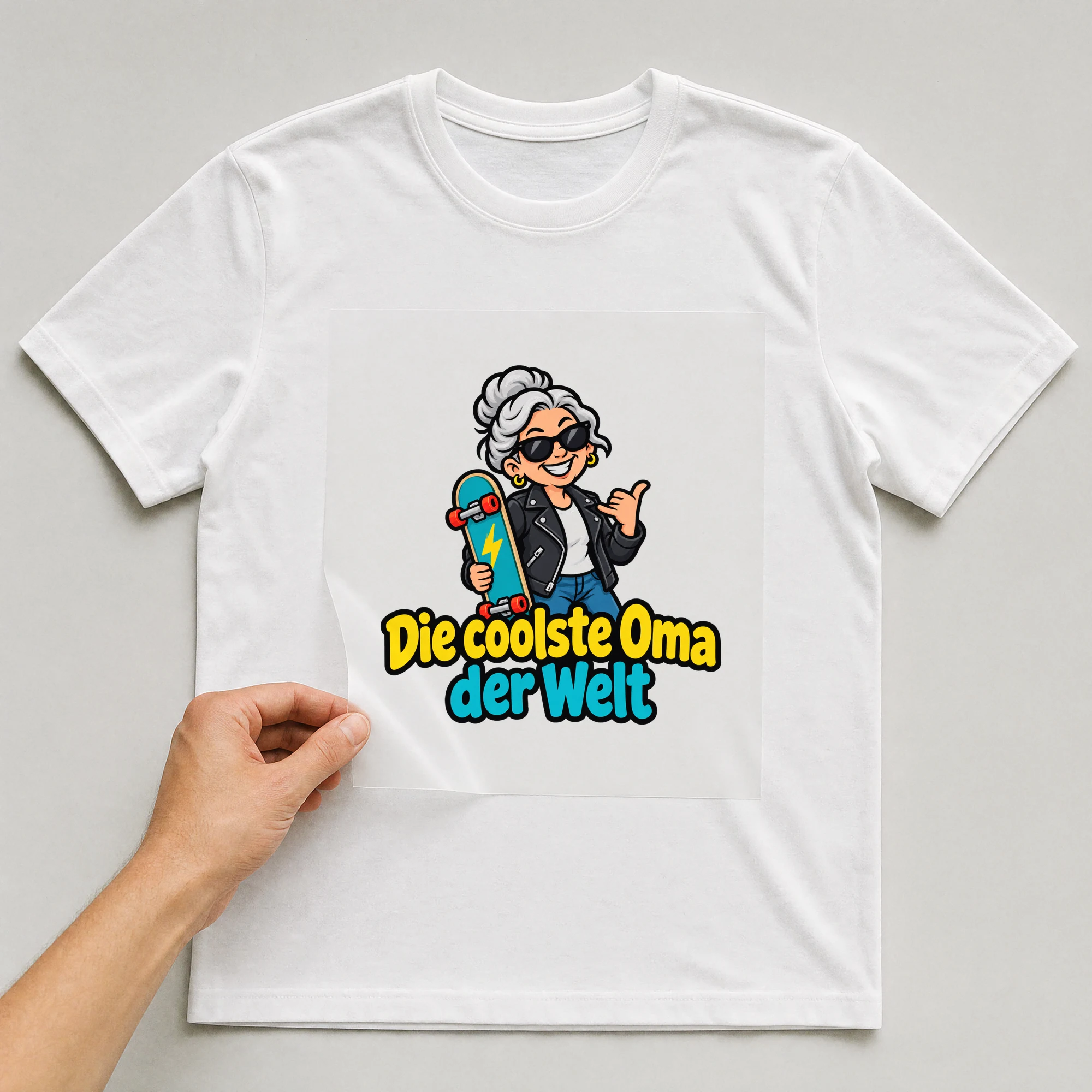 Bügelbild „Die coolste Oma der Welt“ auf weißem T-Shirt, Folie wird aufgelegt