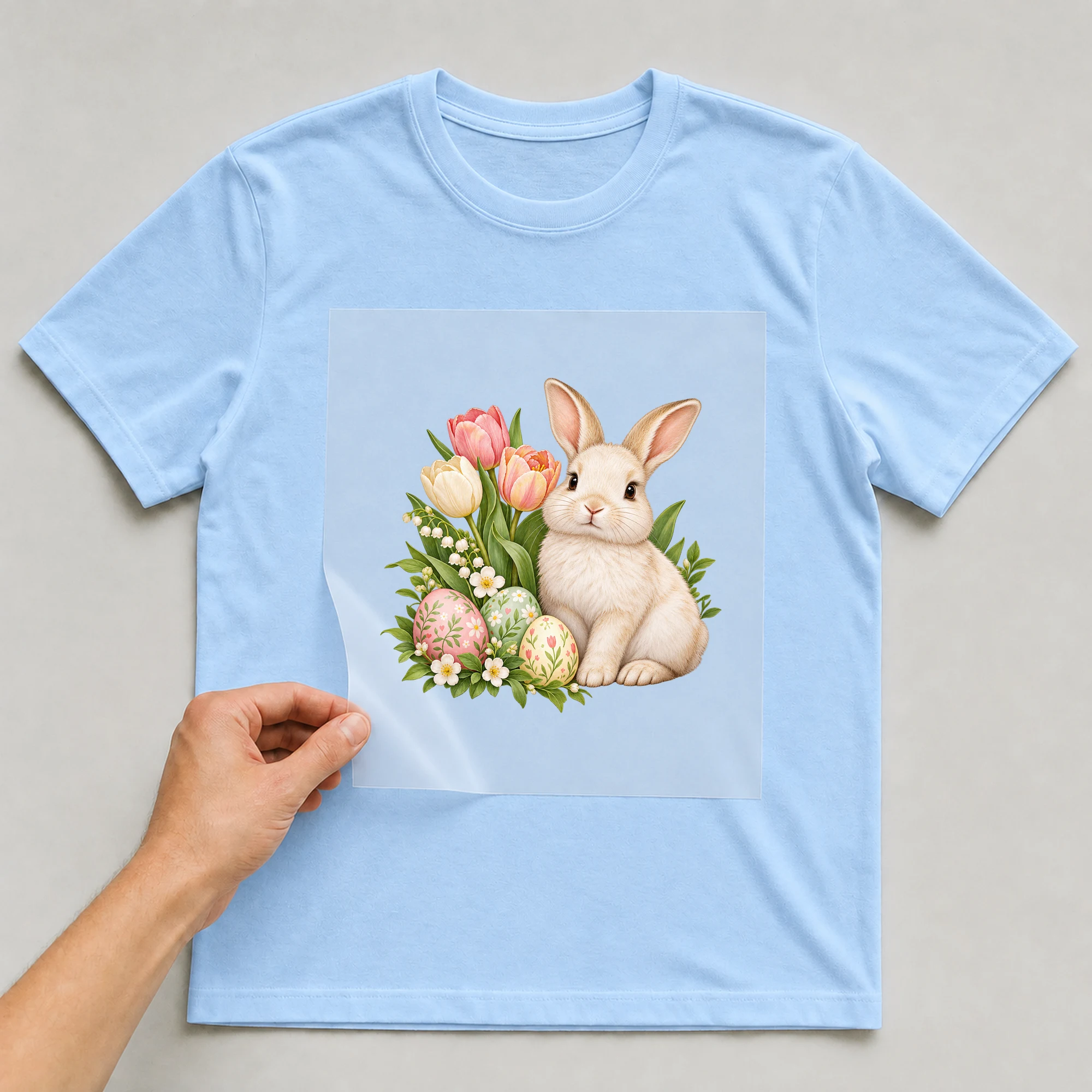 Bügelbild „Osterhase mit Blumen“ auf babyblauem T-Shirt, Folie wird aufgelegt