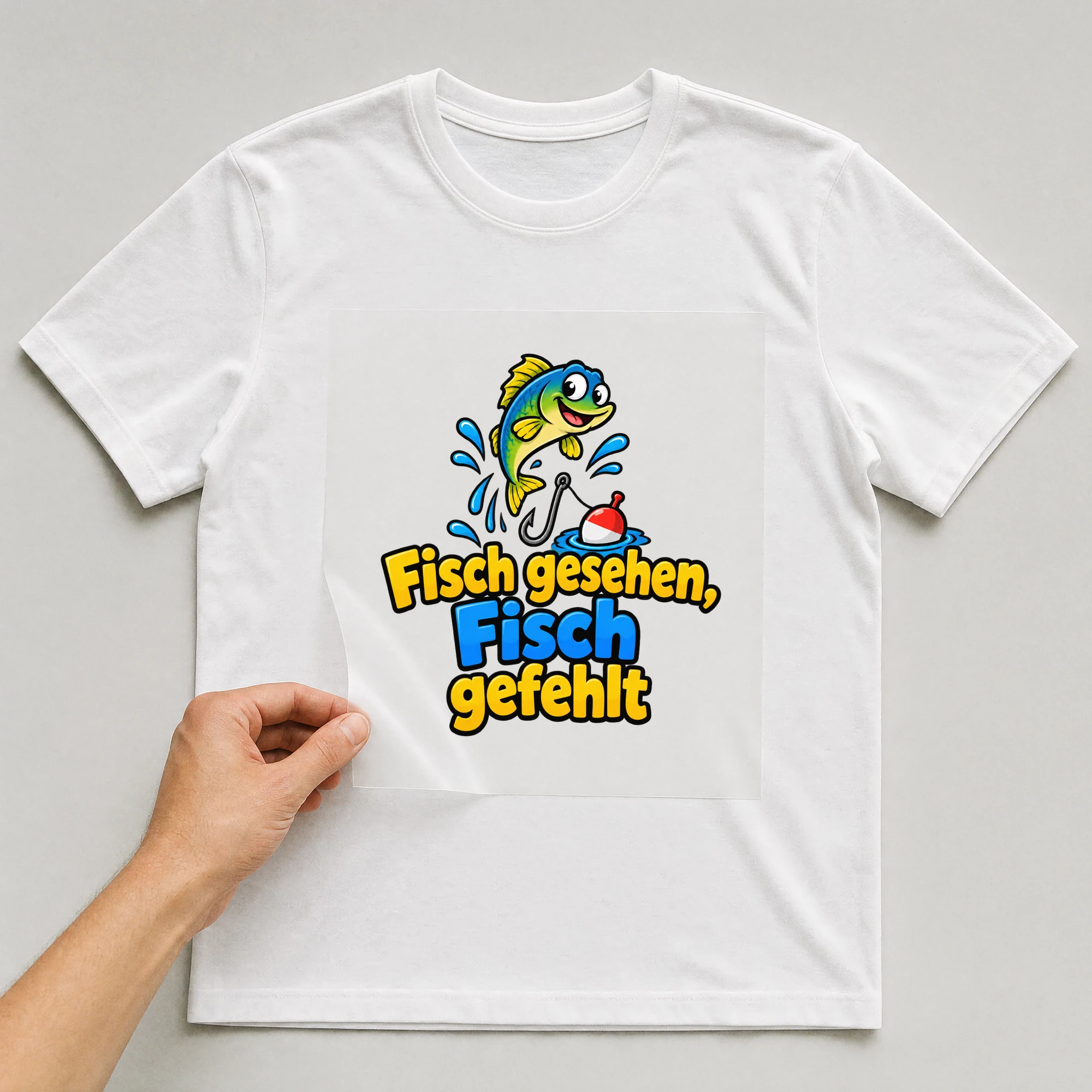 Bügelbild „Fisch gesehen, Fisch gefehlt“ auf weißem T-Shirt, Folie wird aufgelegt