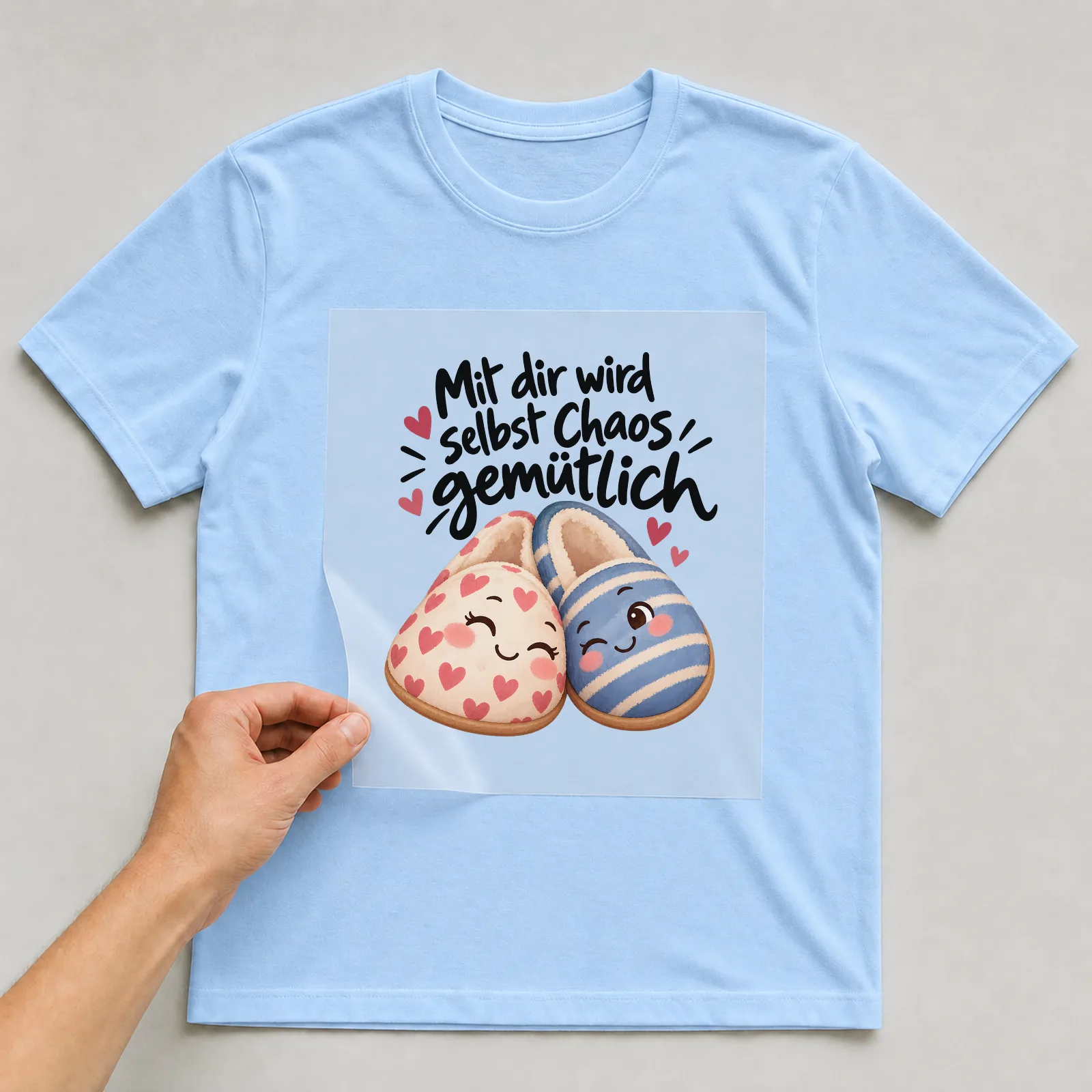 Bügelbild „Mit dir wird selbst Chaos gemütlich“ auf hellblauem T-Shirt, Folie wird aufgelegt