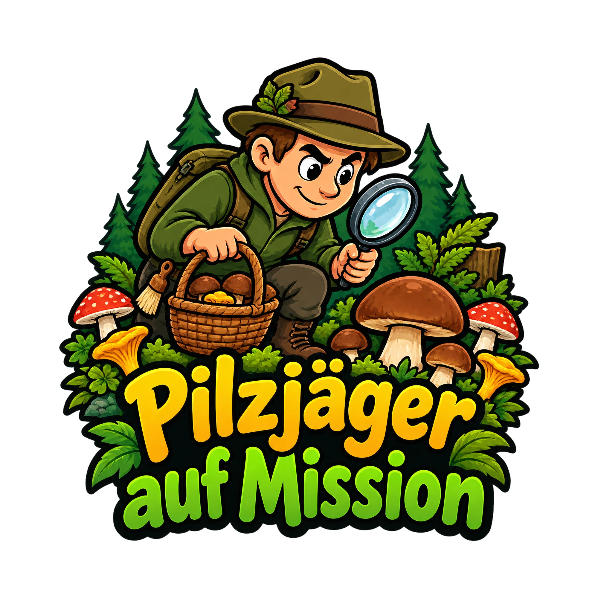 Bügelbild Pilzjäger auf Mission als Grafik auf weißem Hintergrund (BB019342)