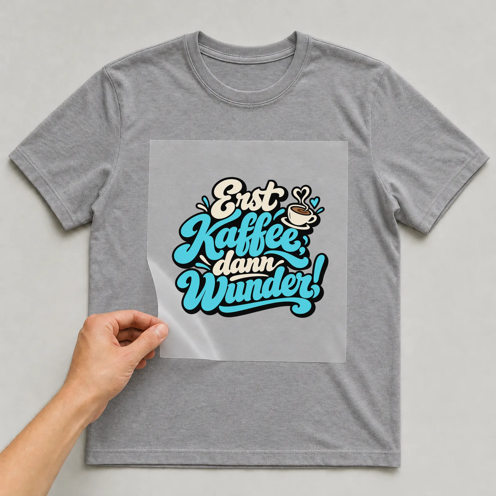 Bügelbild „Erst Kaffee, dann Wunder!“ auf grauem T-Shirt, Folie wird aufgelegt