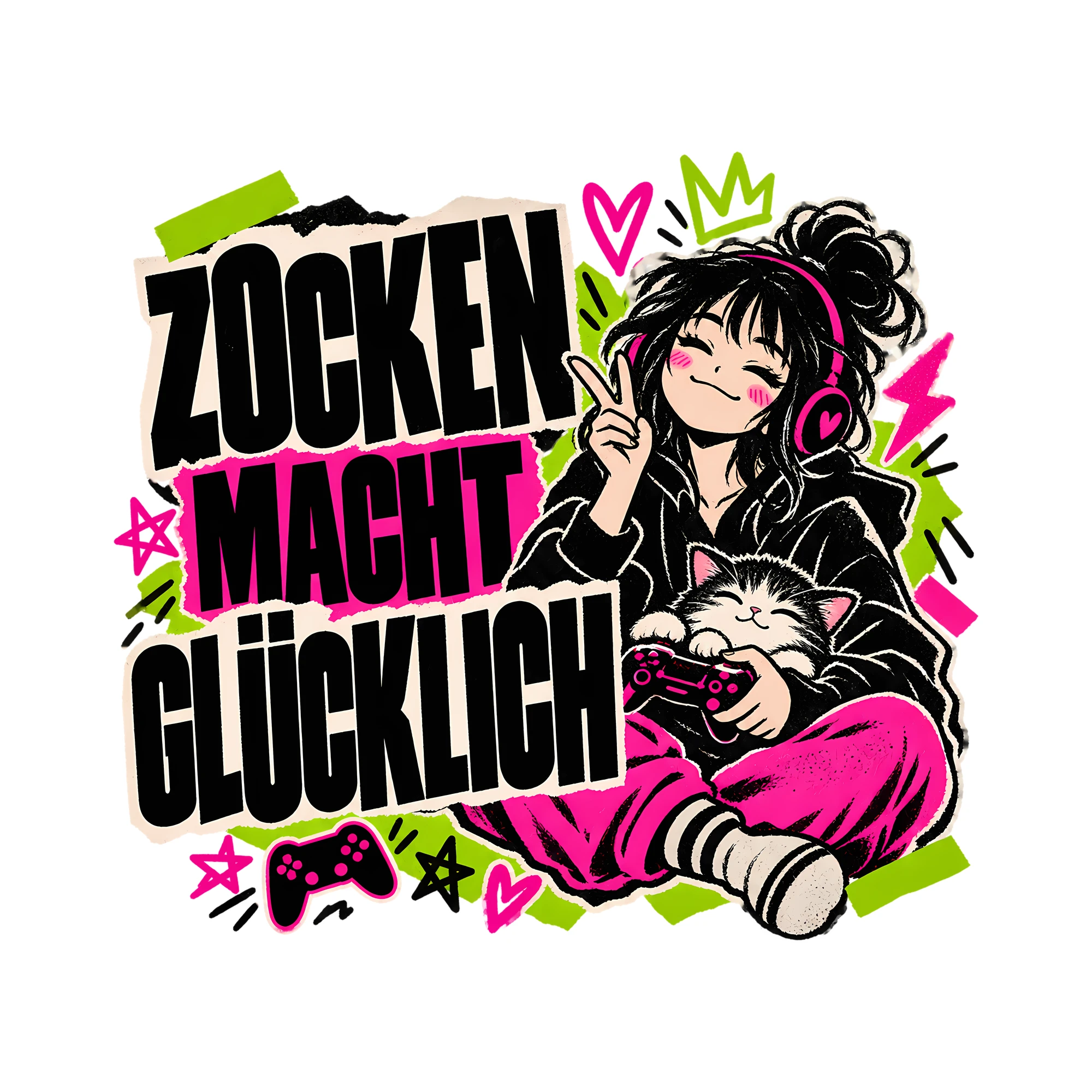 Bügelbild Zocken macht glücklich als Grafik auf weißem Hintergrund (BB012862)