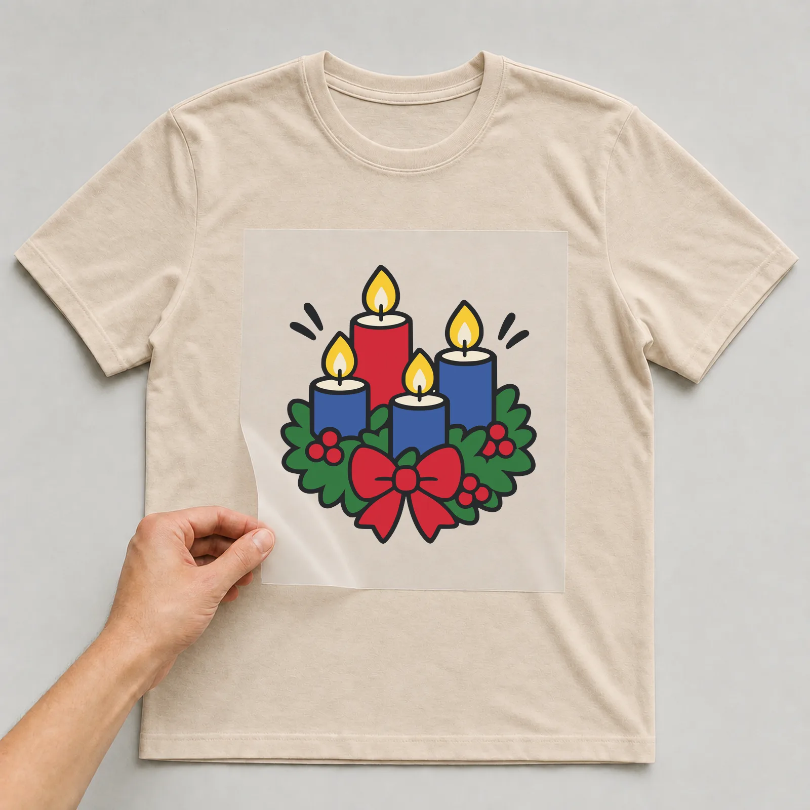 Bügelbild Adventskranz im Comic-Stil auf beigem T-Shirt, Folie wird aufgelegt