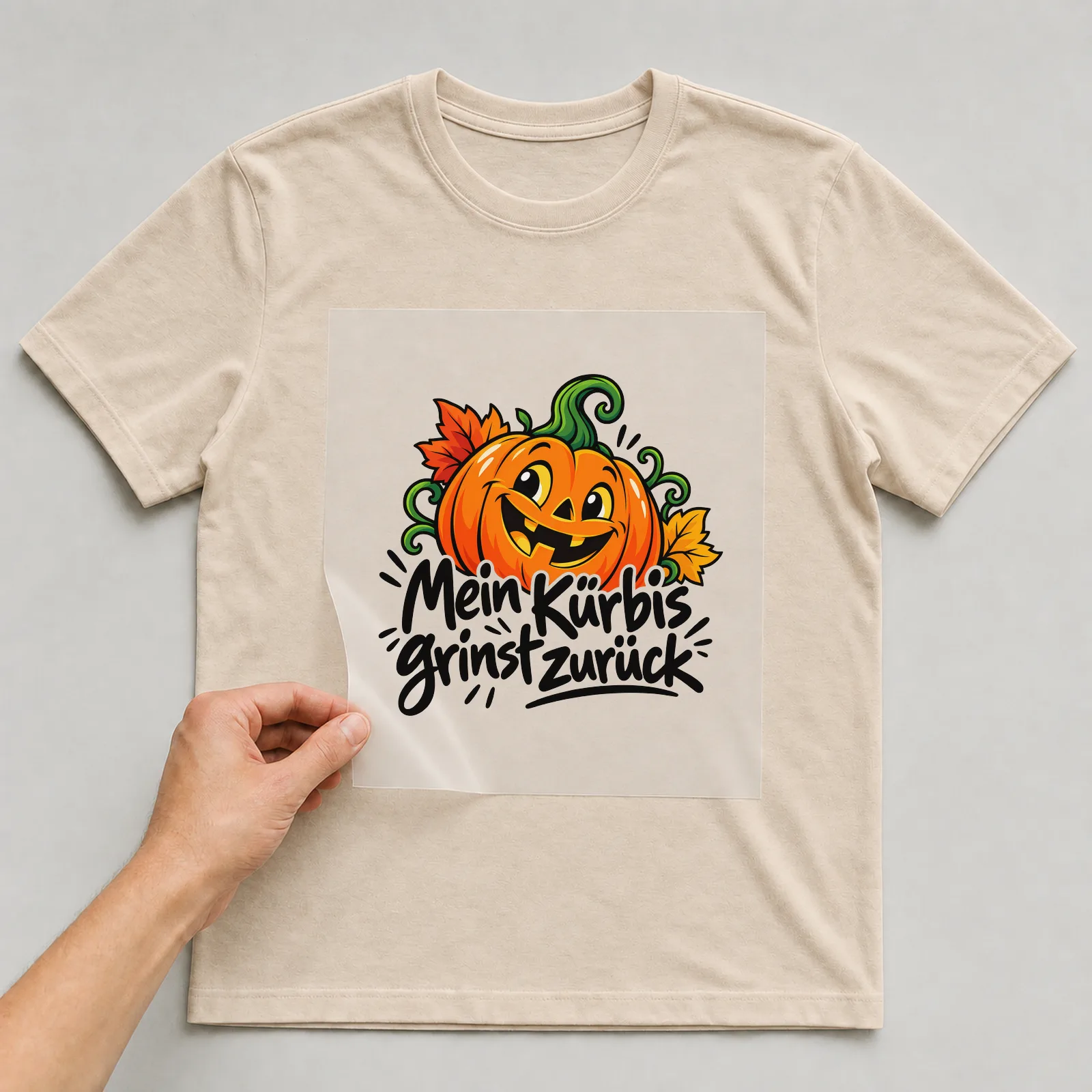 Bügelbild „Mein Kürbis grinst zurück“ auf beigem T-Shirt, Folie wird aufgelegt