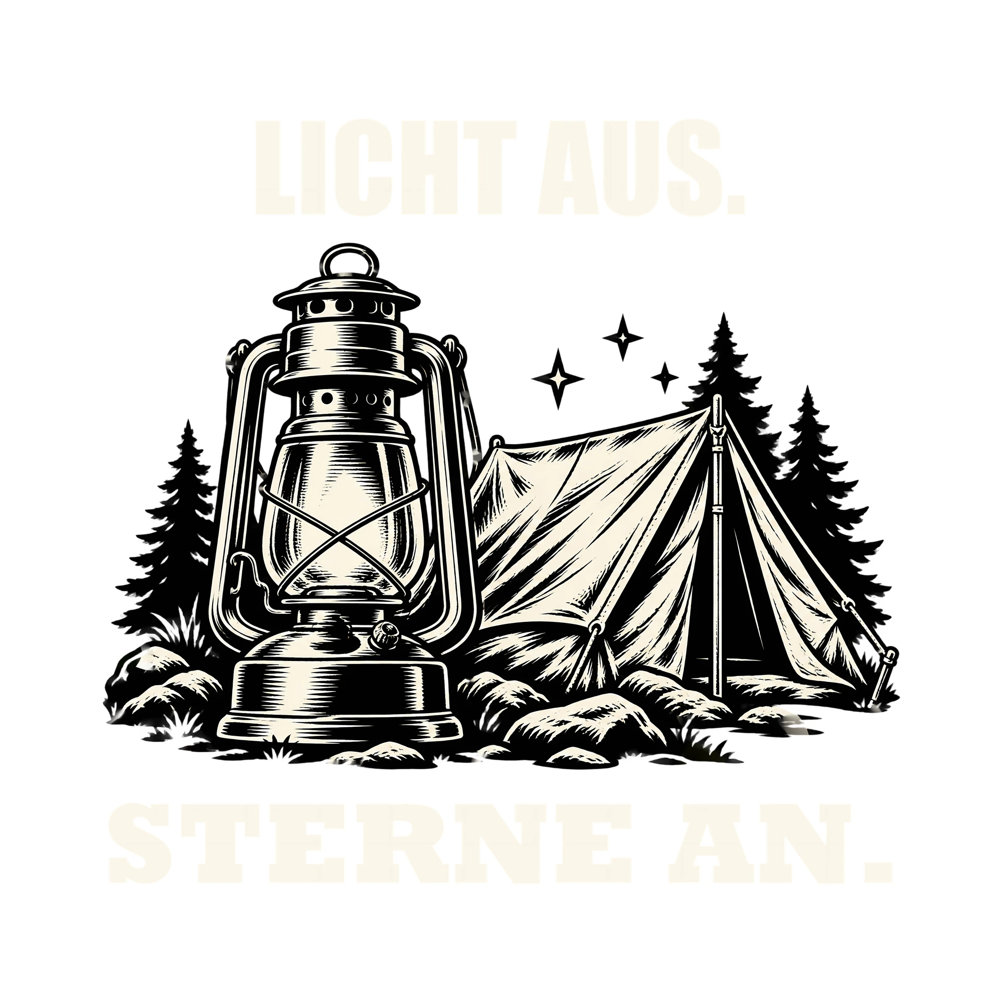 Bügelbild LICHT AUS. STERNE AN. als Grafik auf weißem Hintergrund (BB012710)