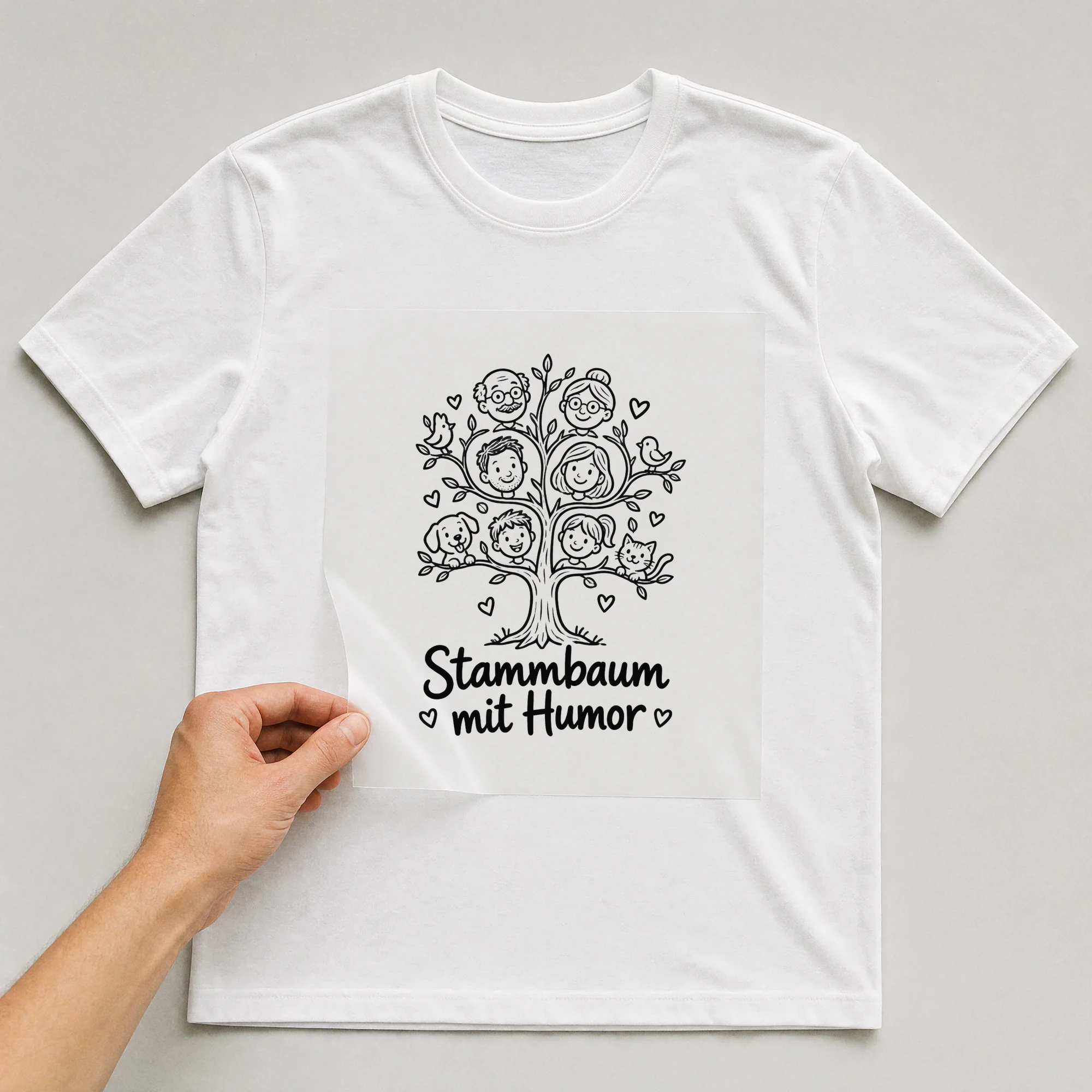 Bügelbild „Stammbaum mit Humor“ auf weißem T-Shirt, Folie wird aufgelegt