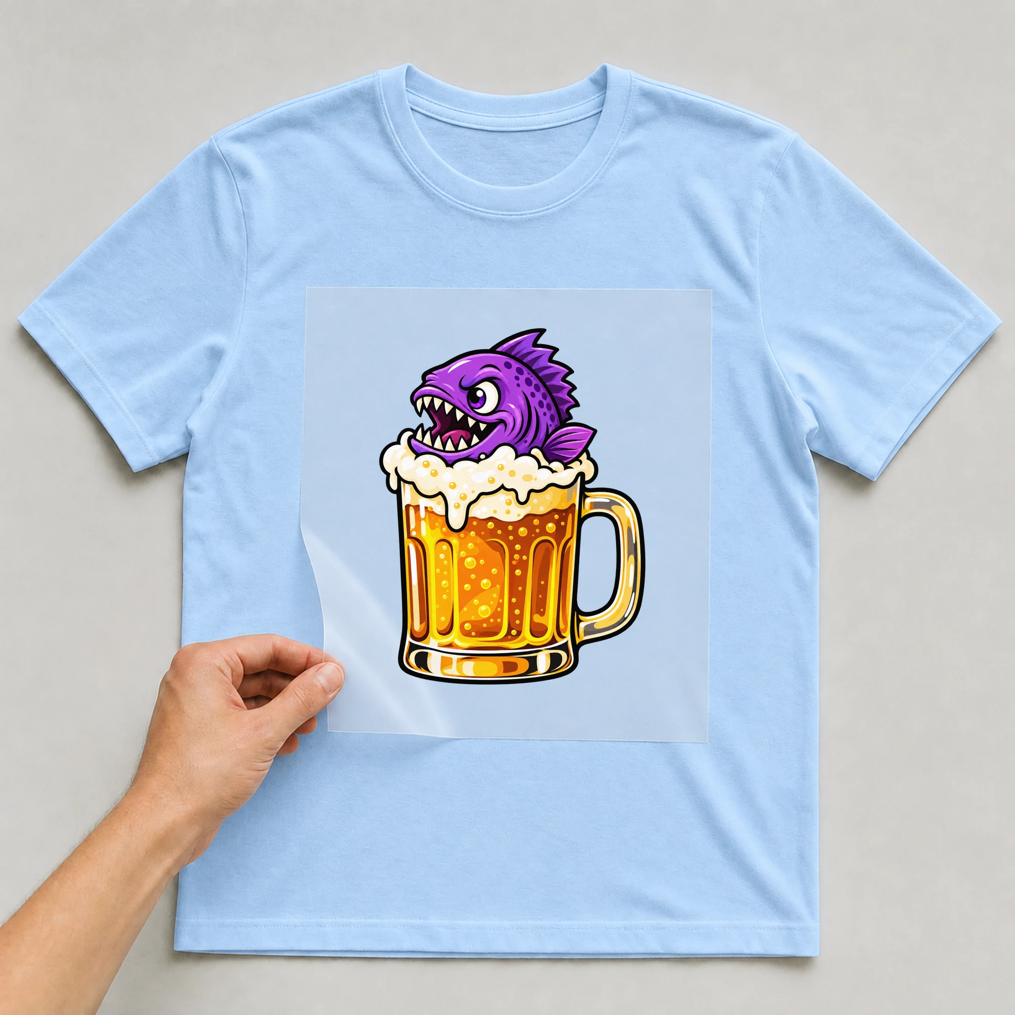 Bügelbild „Bieranha“ auf babyblauem T-Shirt, Folie wird aufgelegt