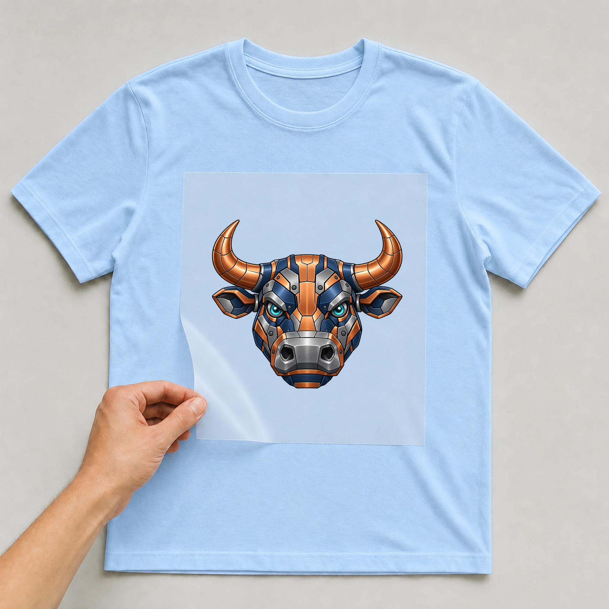 Bügelbild „Mecha Bull“ auf babyblauem T-Shirt, Folie wird aufgelegt