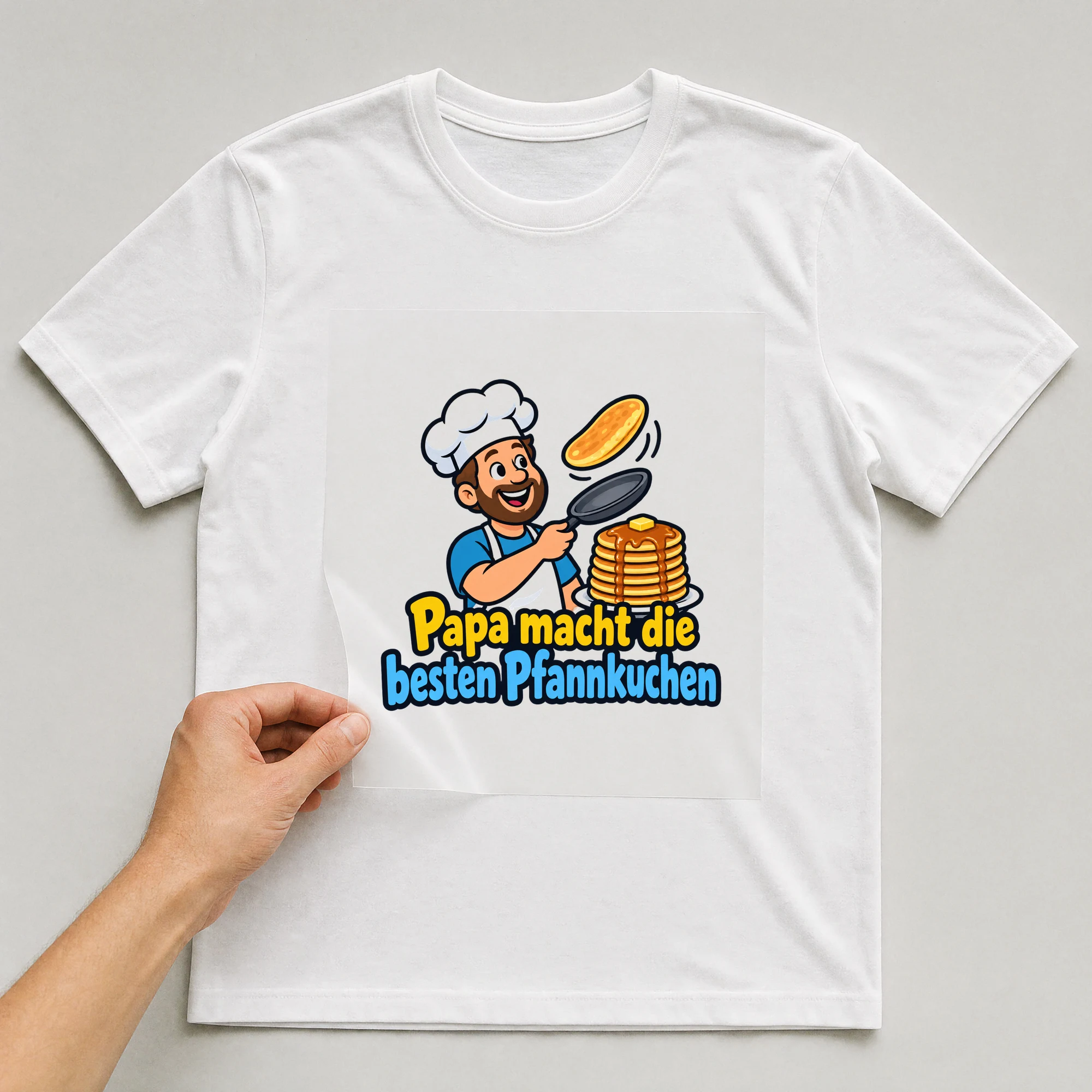 Bügelbild „Papa macht die besten Pfannkuchen“ auf weißem T-Shirt, Folie wird aufgelegt