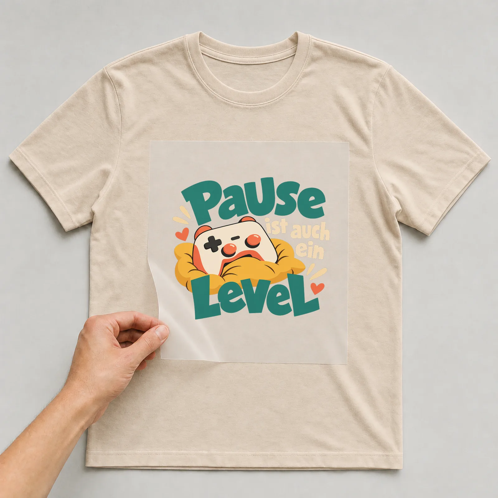 Bügelbild „Pause ist auch ein Level“ auf beigem T-Shirt, Folie wird aufgelegt