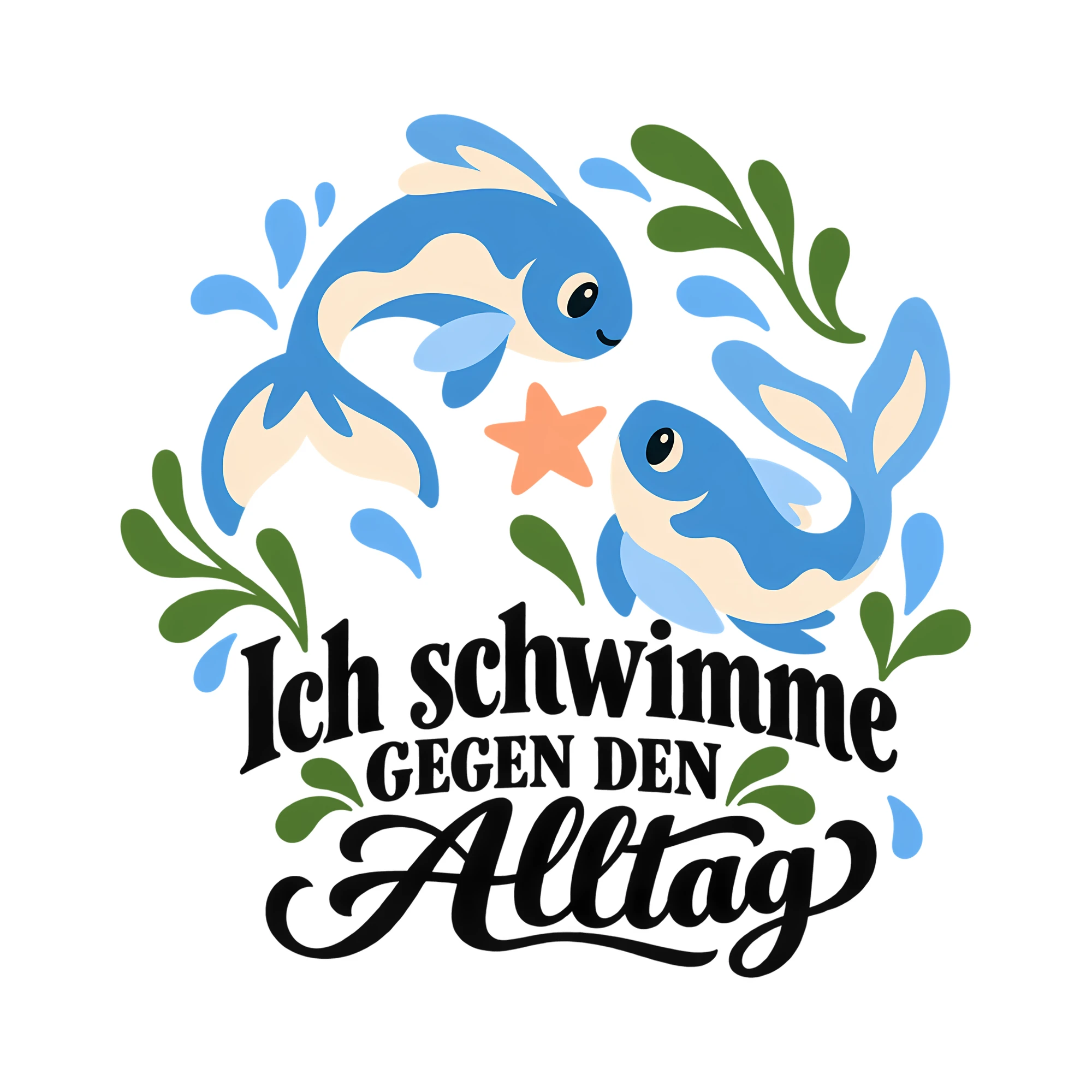 Bügelbild Ich schwimme gegen den Alltag als Grafik auf weißem Hintergrund (BB013760)