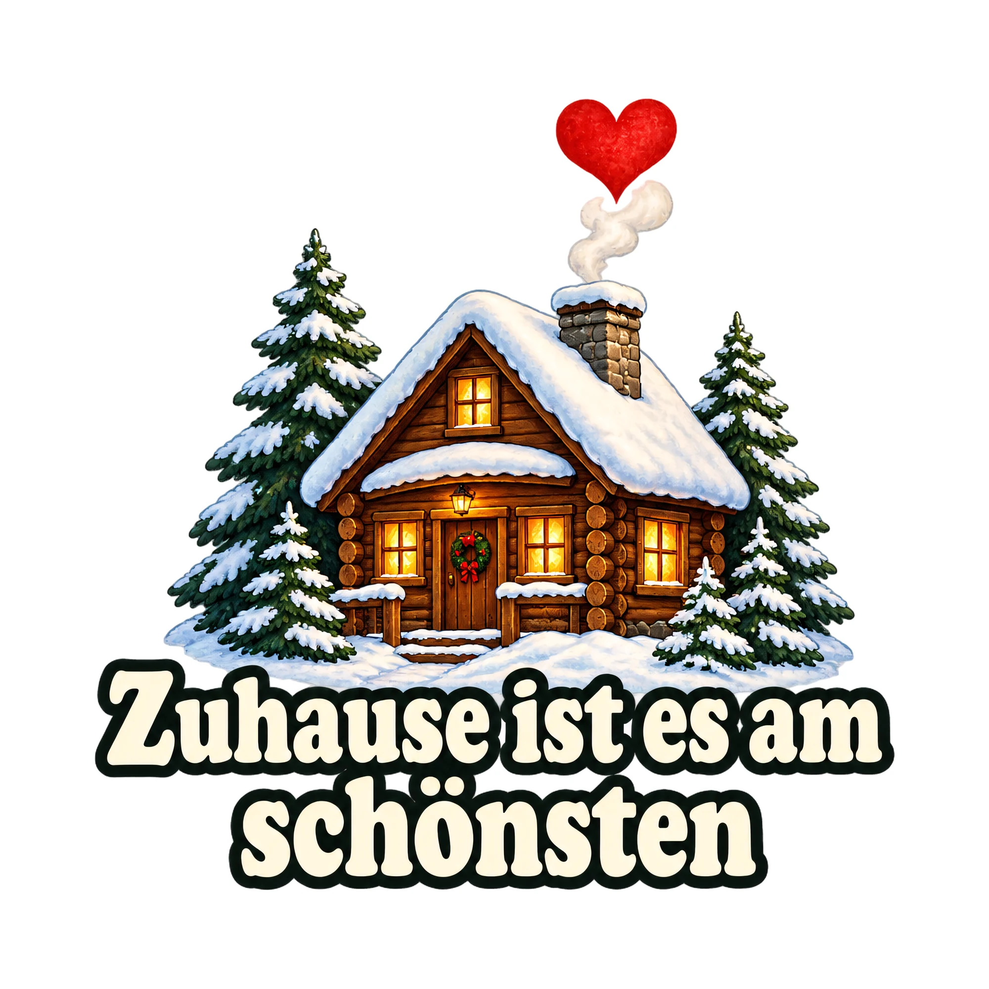 Bügelbild Zuhause ist Winterzeit als Grafik auf weißem Hintergrund (BB014106)