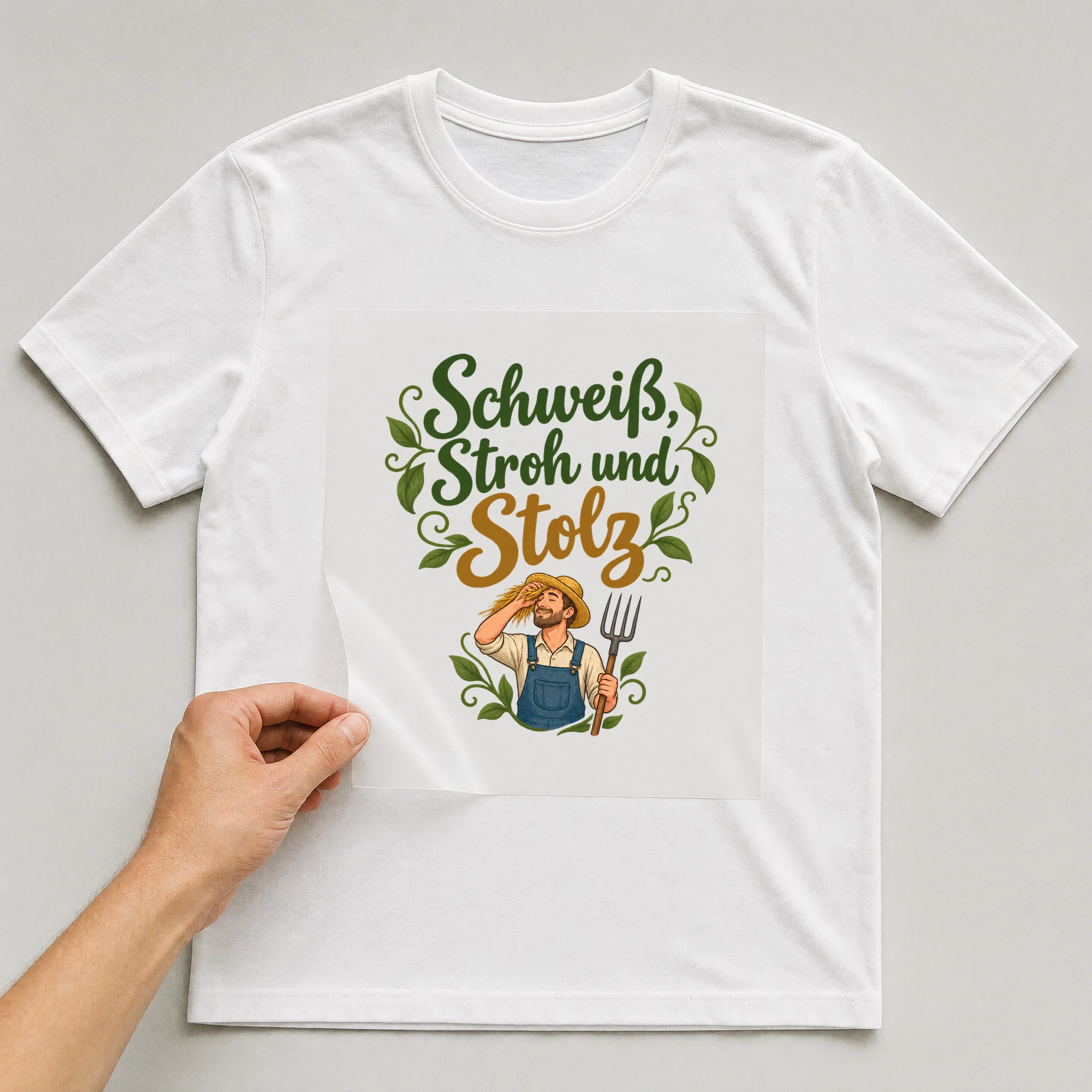 Bügelbild „Schweiß, Stroh und Stolz“ auf weißem T-Shirt, Folie wird aufgelegt