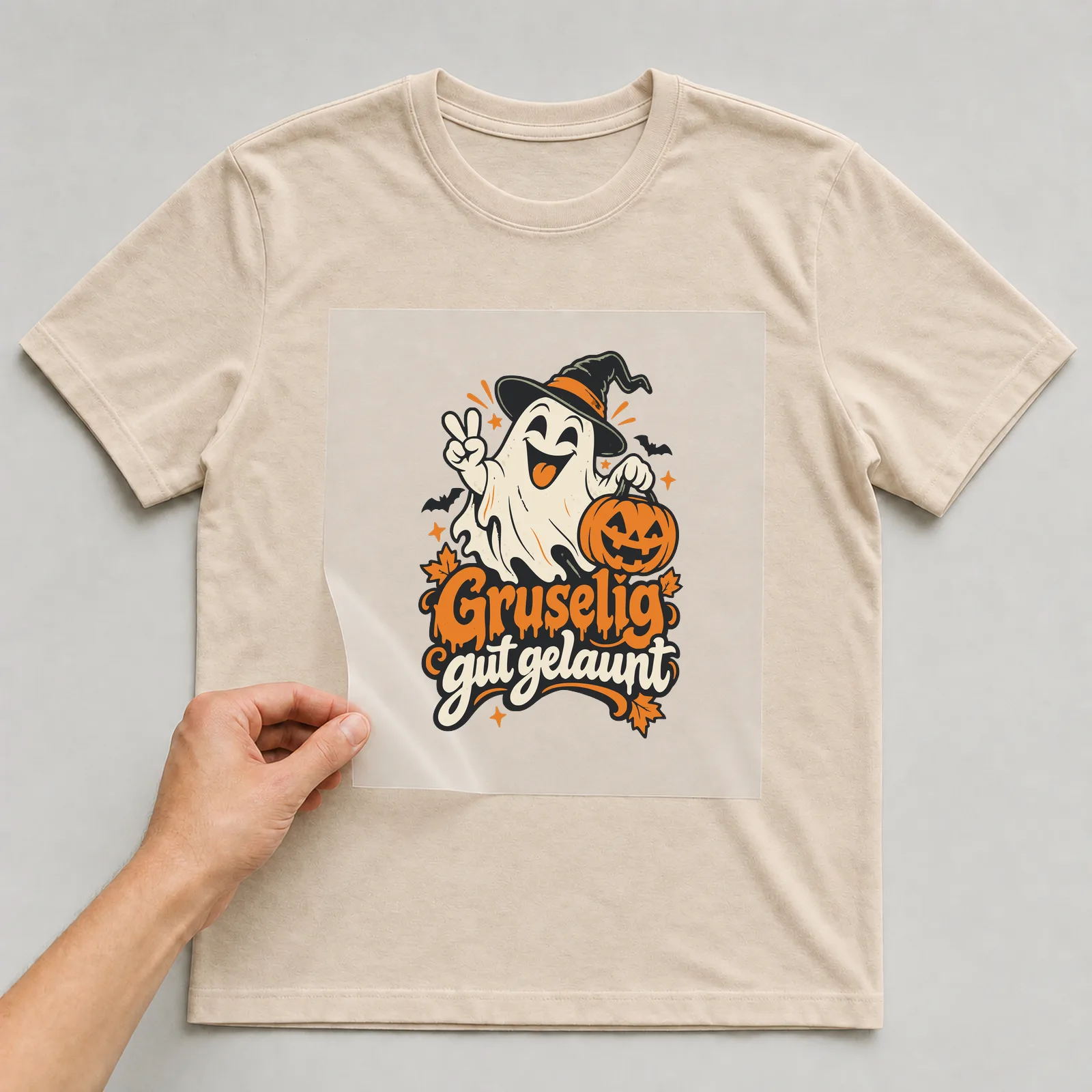 Bügelbild Gruselig gut gelaunt auf beigem T-Shirt, Folie wird aufgelegt
