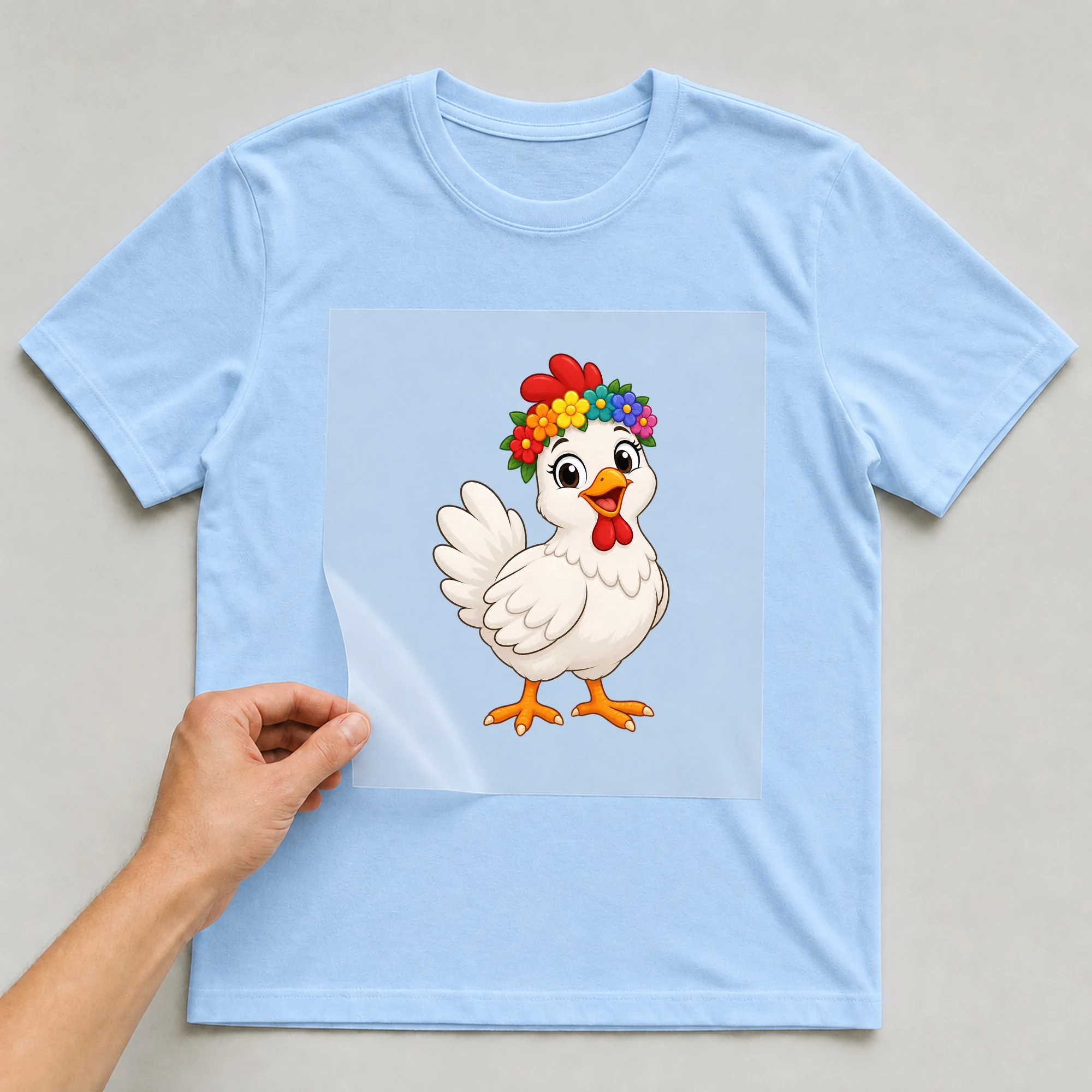 Bügelbild „Huhn mit Blumenkranz“ auf babyblauem T-Shirt, Folie wird aufgelegt