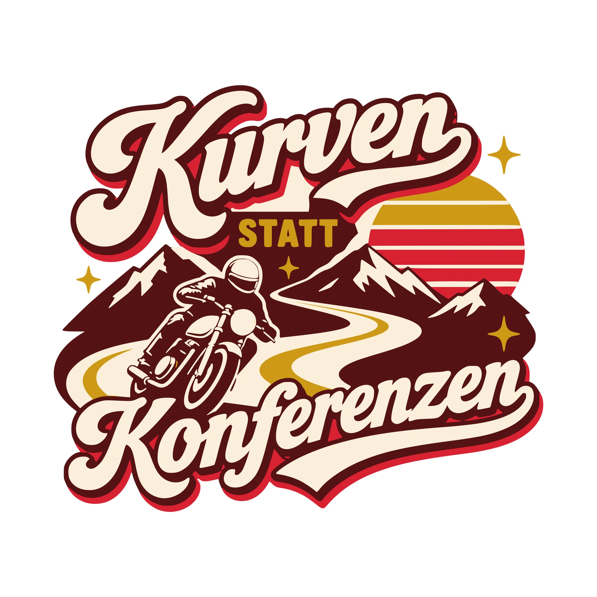 Bügelbild Kurven statt Konferenzen als Grafik auf weißem Hintergrund (BB010424)