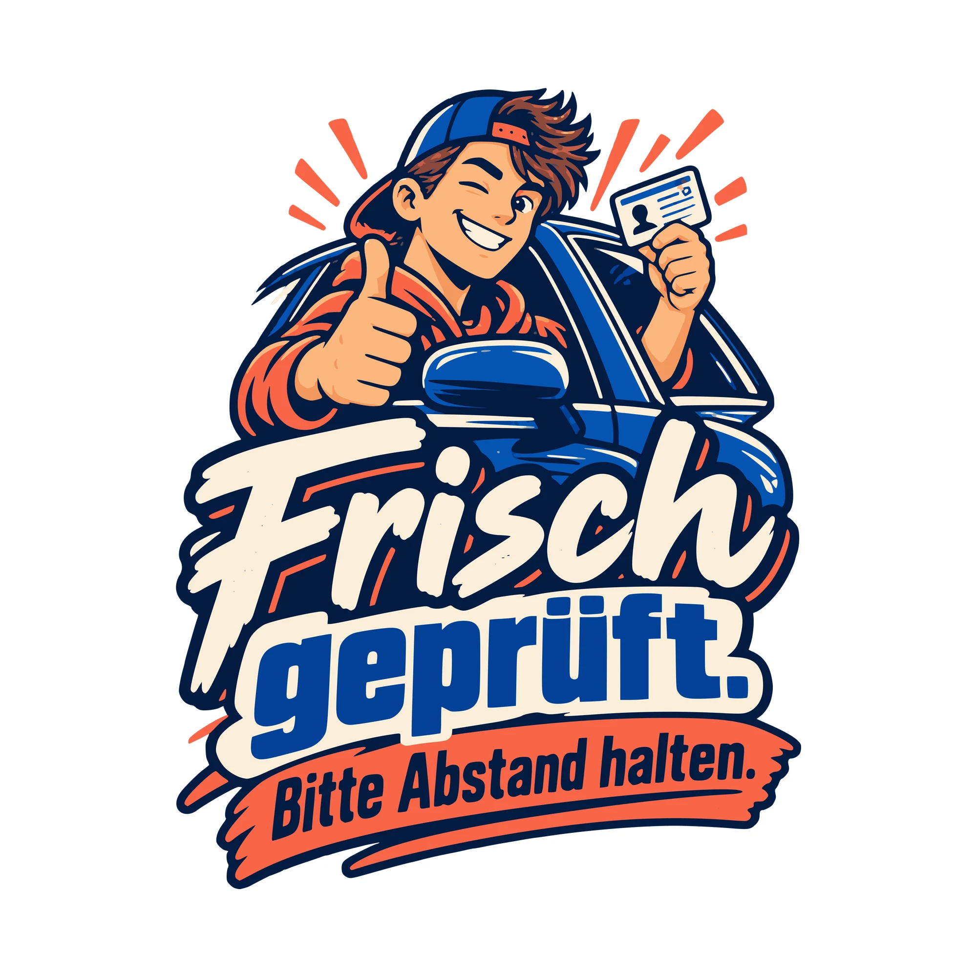 Bügelbild Frisch geprüft. Bitte Abstand halten. als Grafik auf weißem Hintergrund (BB011130)