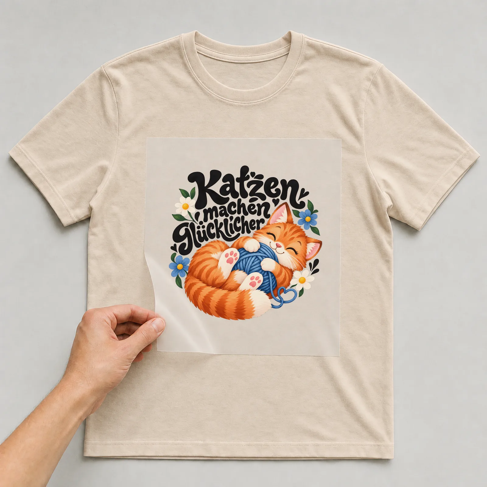 Bügelbild „Katzen machen glücklicher“ auf beigem T-Shirt, Folie wird aufgelegt