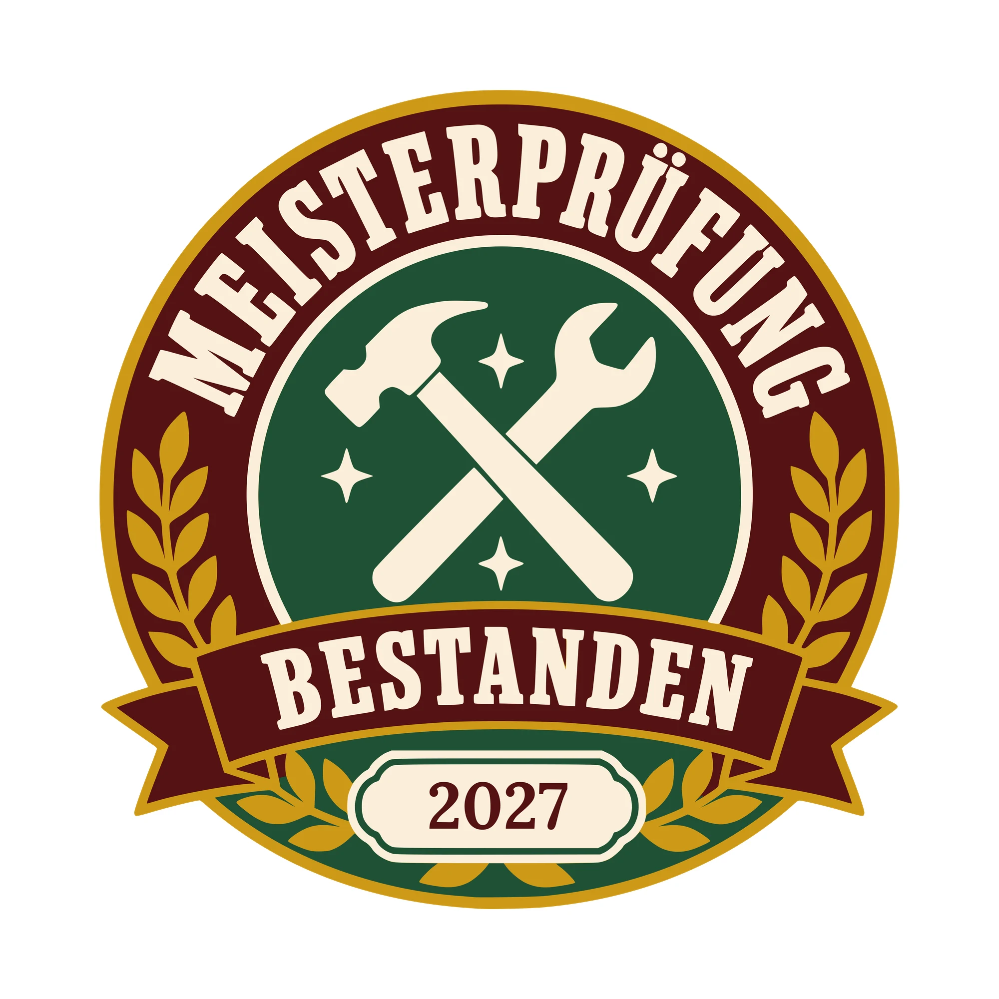Bügelbild Meisterprüfung bestanden mit Jahr als Grafik auf weißem Hintergrund (BB010536)