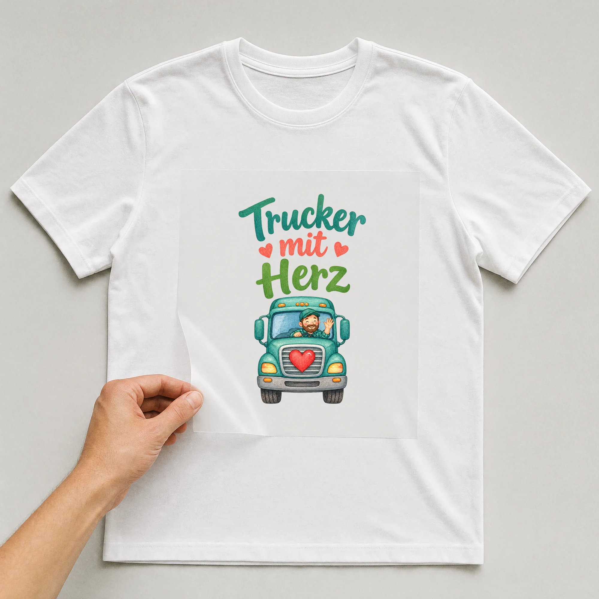 Bügelbild „Trucker mit Herz“ auf weißem T-Shirt, Folie wird aufgelegt