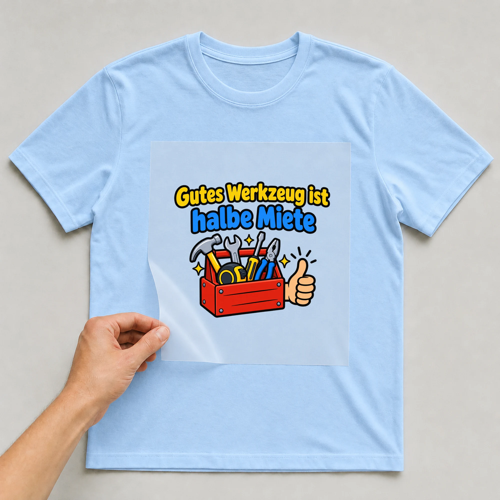 Bügelbild „Gutes Werkzeug ist halbe Miete“ auf babyblauem T-Shirt, Folie wird aufgelegt
