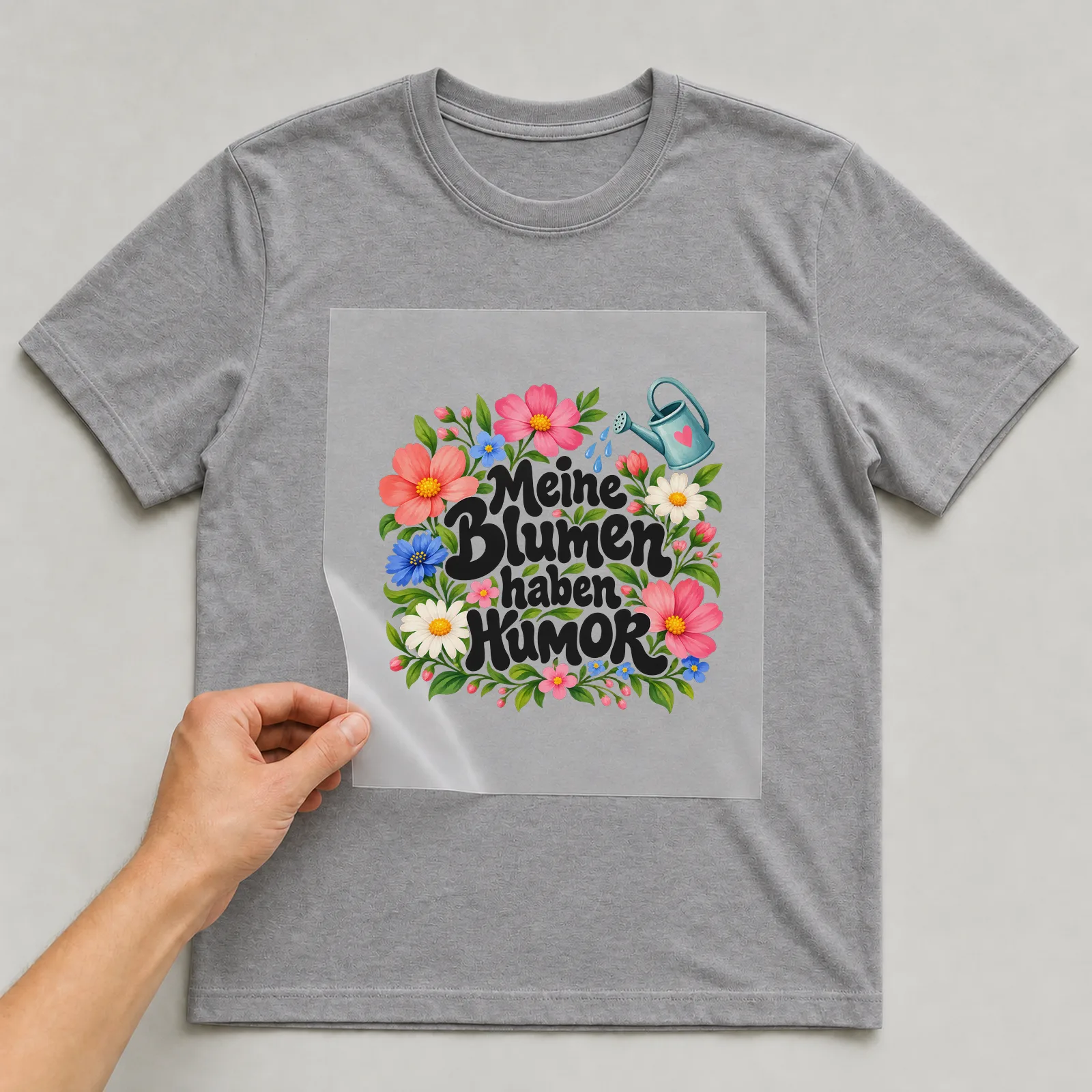 Bügelbild „Meine Blumen haben HUMOR“ auf grauem T-Shirt, Folie wird aufgelegt