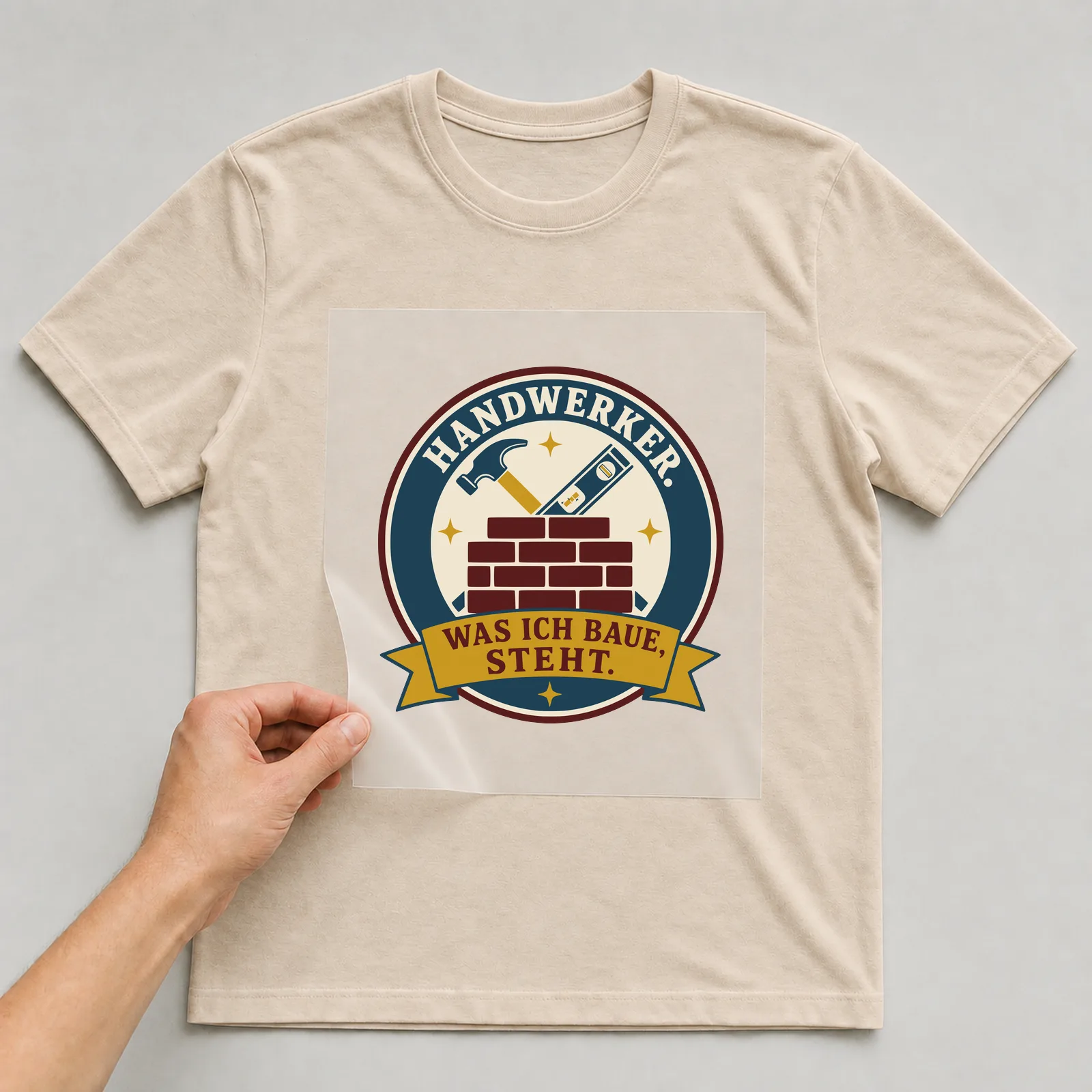 Bügelbild Handwerker. Was ich baue, steht. auf beigem T-Shirt, Folie wird aufgelegt